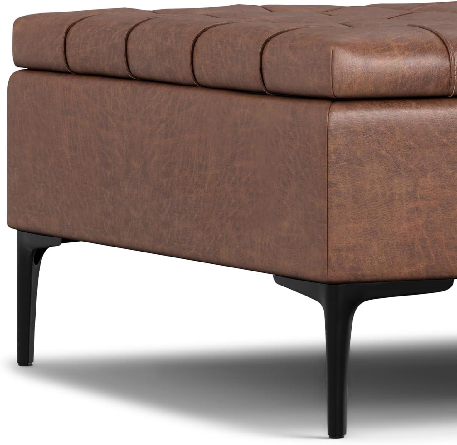 Simpli Home Laura 36 inch Wide Mid Century Square MidÂ CenturyÂ Lift TopÂ Storage Ottoman in Distressed Saddle Brown Vegan Faux Leather