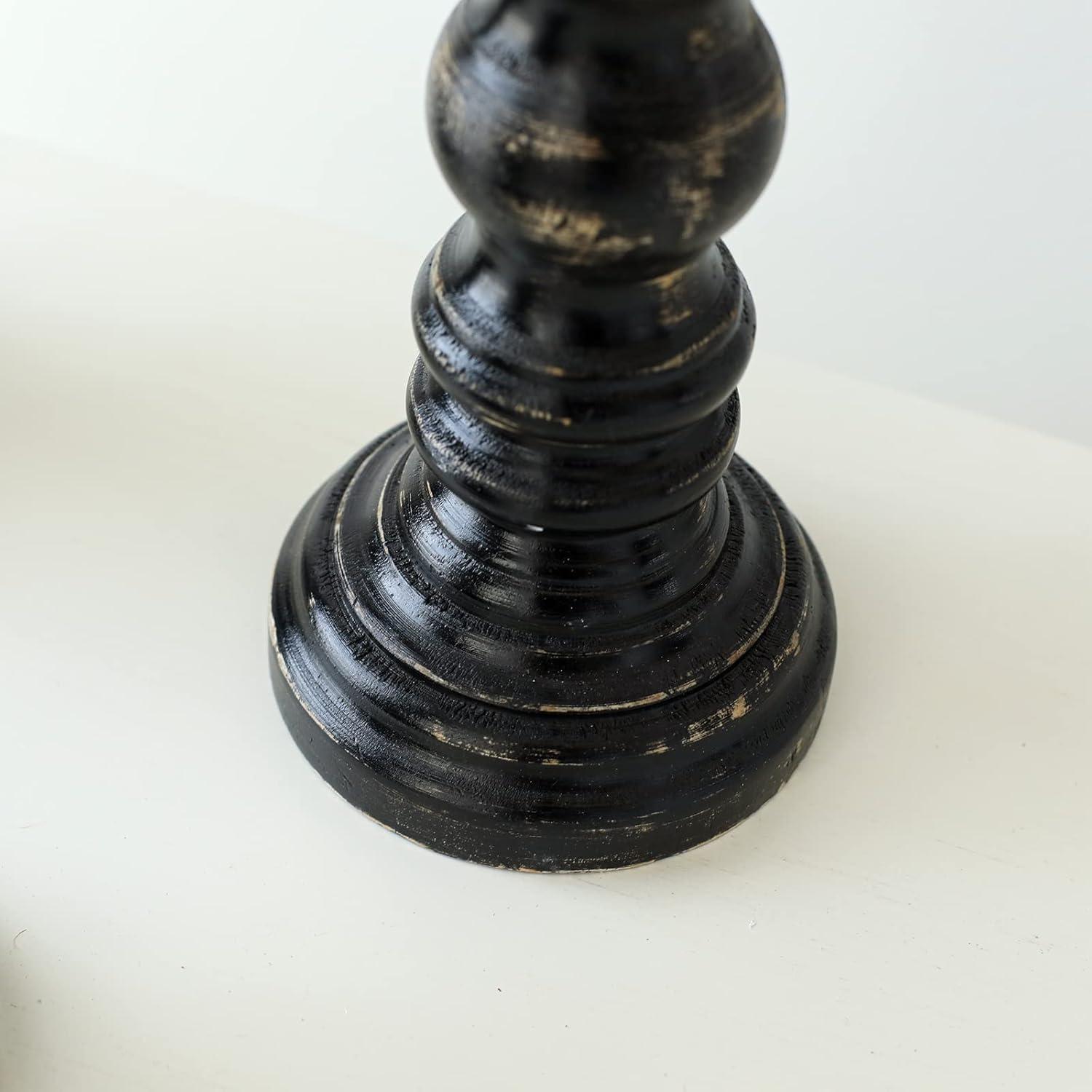 DecMode 3 Candle Black Mango Wood Distressed Turned Pillar Candle Holder, Set of 3