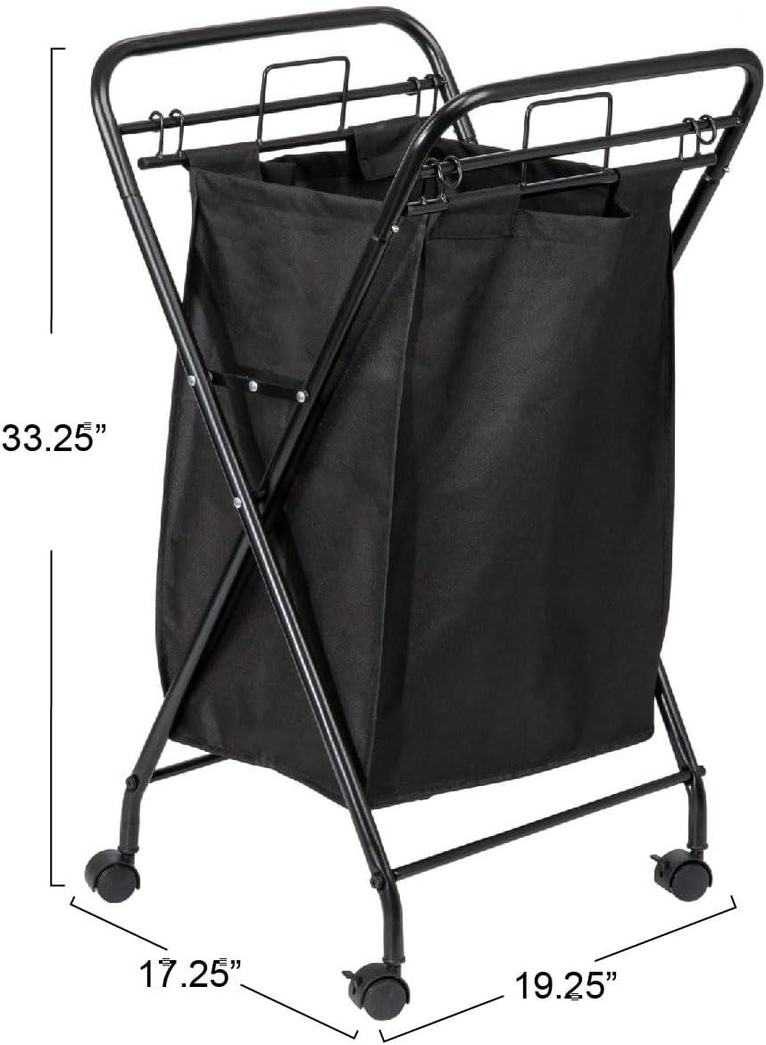 Household Essentials Rolling Laundry Hamper Heavy Duty Canvas Bag 2 Load Capacity Foldable Frame Black Bag