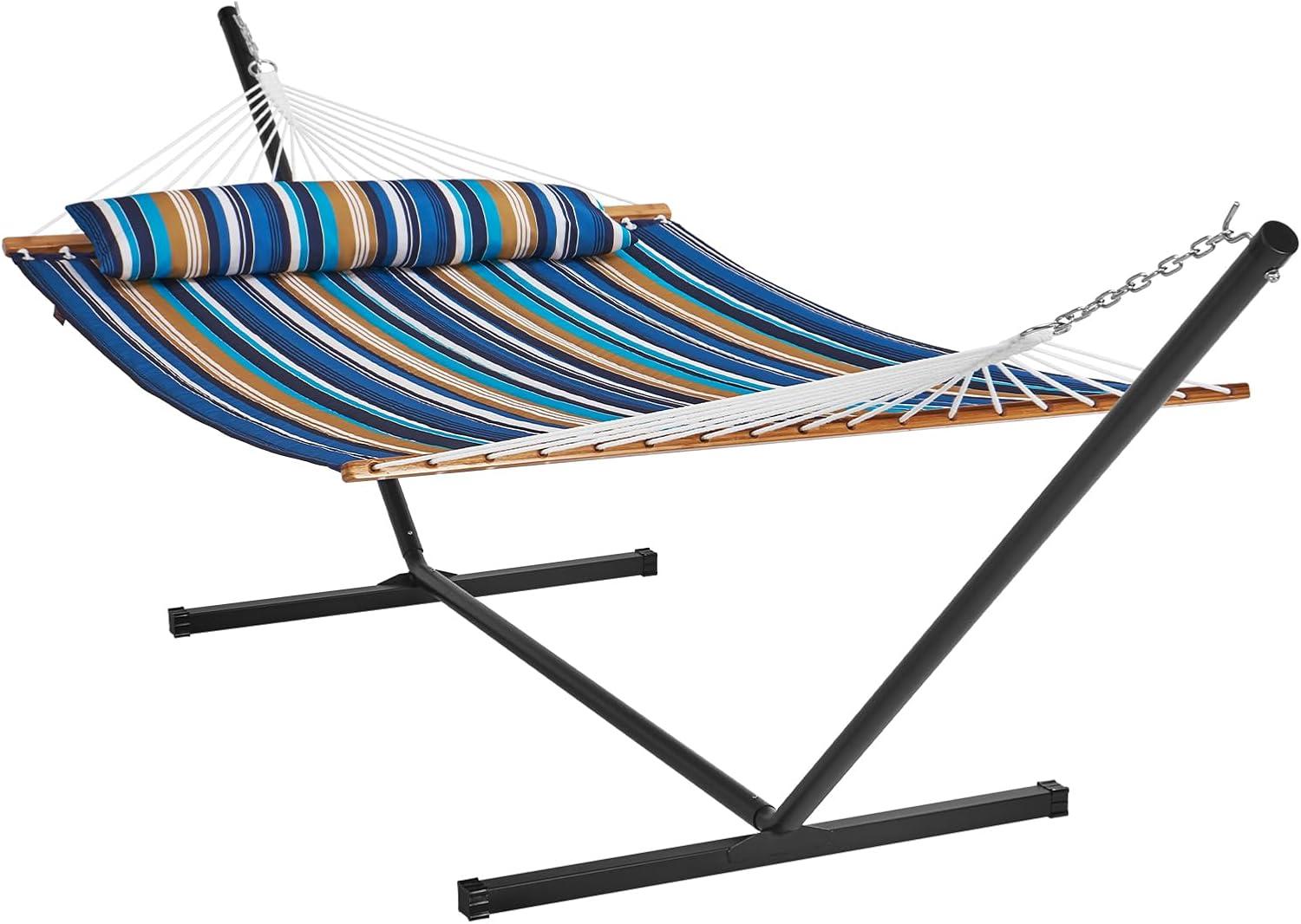 2 Person 12.3 ft Hammock with Stand Included Double Hammock with Curved Spreader Bar and Detachable Pillow