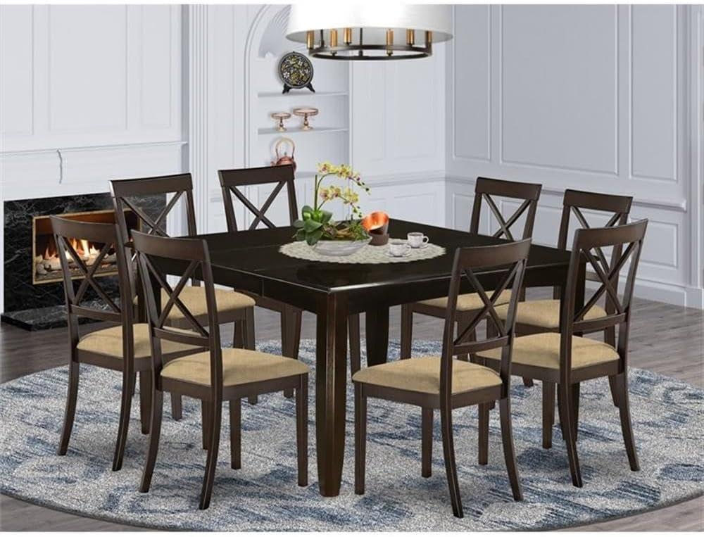 Cappuccino 54" Rectangular Wood Dining Set with 8 Linen Chairs