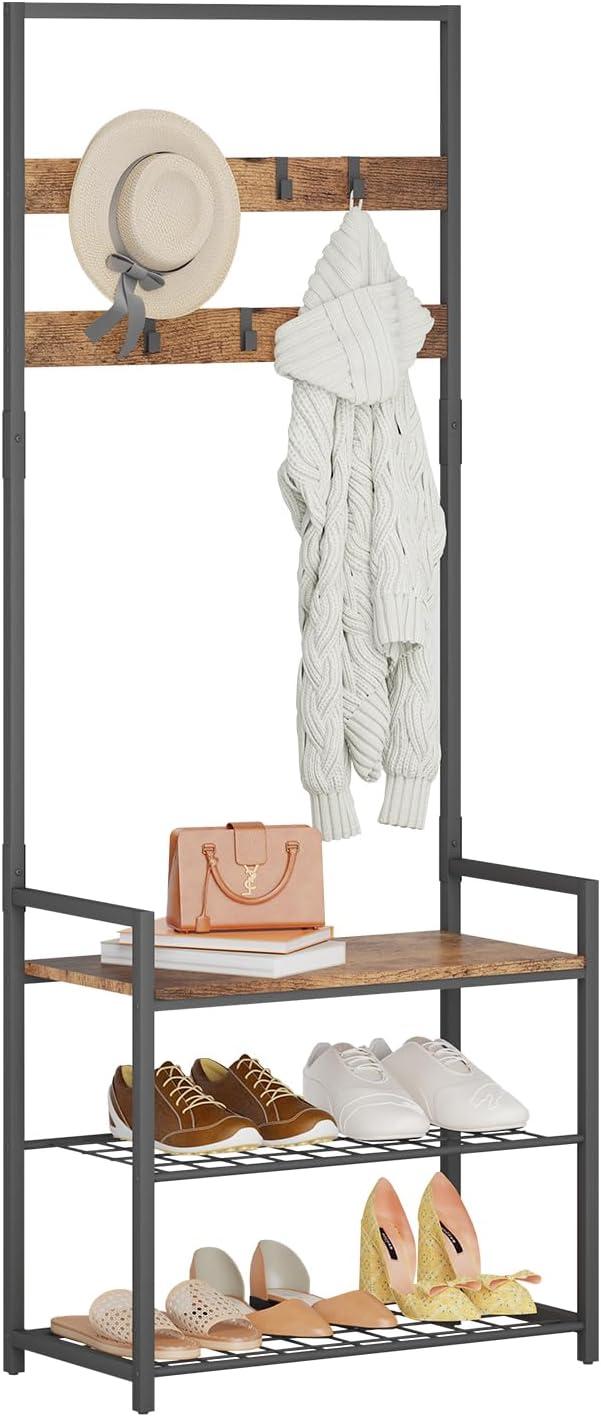 HOMEKOKO Coat Rack Shoe Bench, Hall Tree Entryway Storage Bench, Wood Look Accent Furniture with Metal Frame, 3-in-1 Design