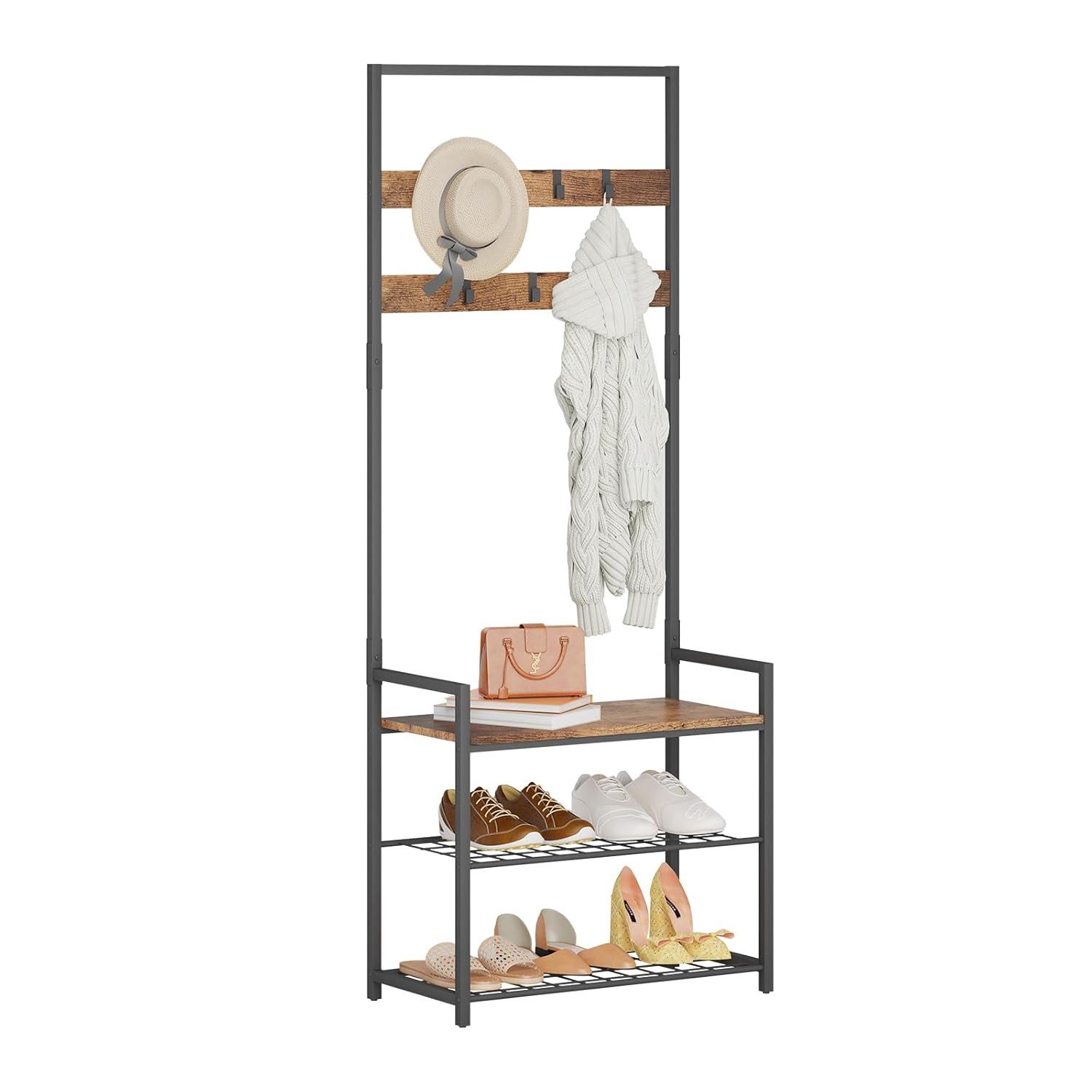 HOMEKOKO Coat Rack Shoe Bench, Hall Tree Entryway Storage Bench, Wood Look Accent Furniture with Metal Frame, 3-in-1 Design