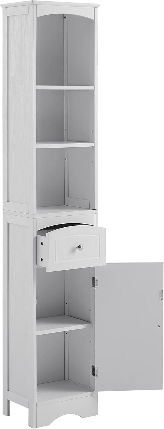 Tall White MDF Living Room Storage Cabinet with Shelves and Drawer