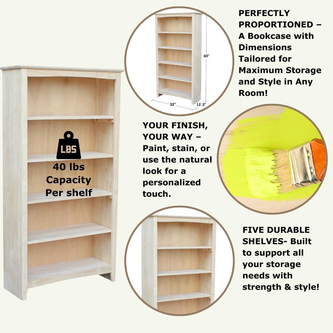 60" Shaker Bookshelf Unfinished - International Concepts: Solid Parawood, 5-Shelf Storage