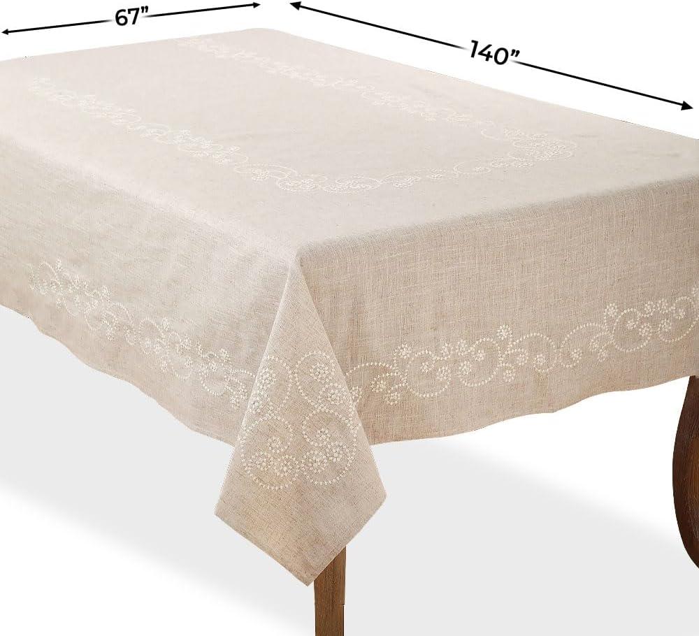 Saro Lifestyle Embroidered Swirl Natural Linen Blend Tablecloth