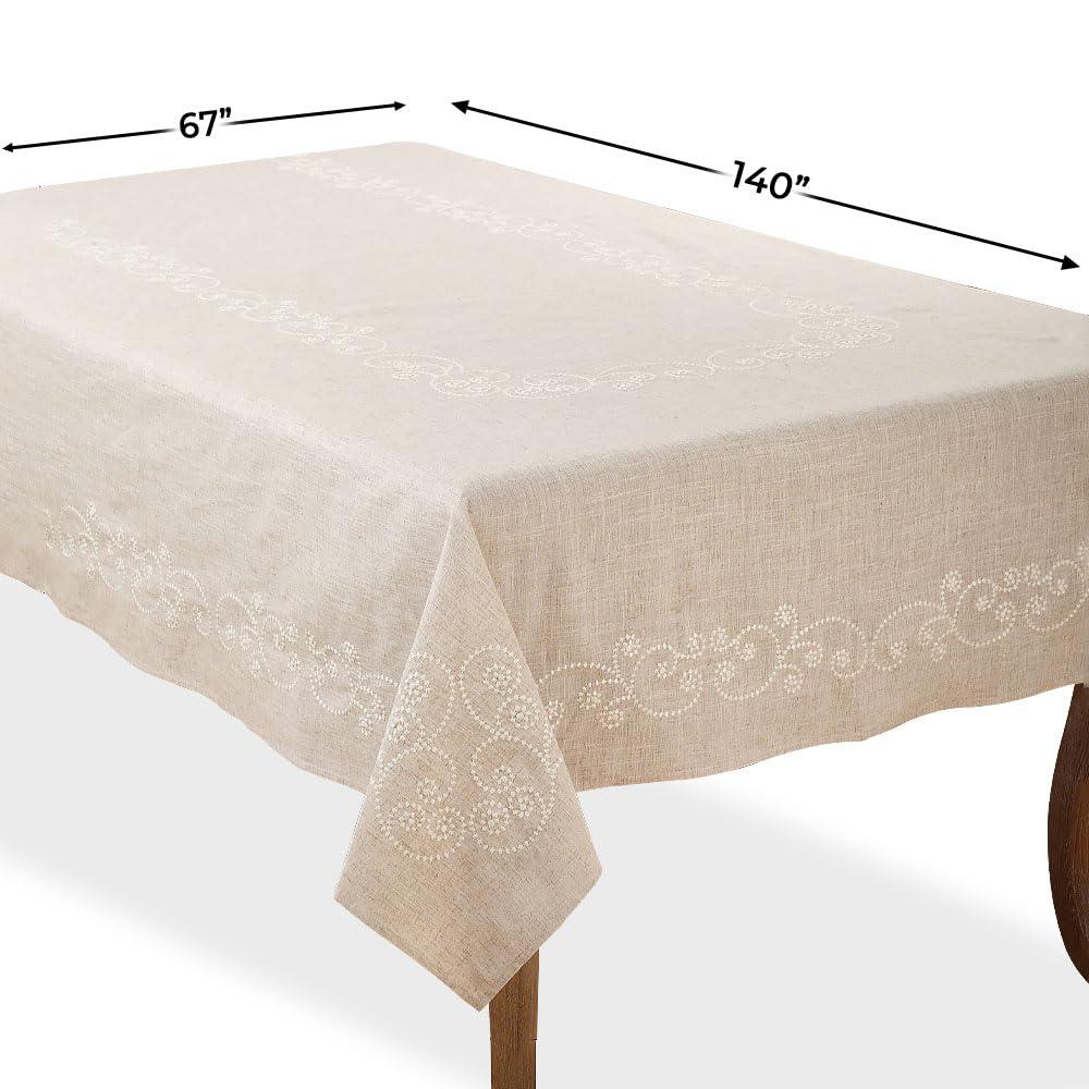 Saro Lifestyle Embroidered Swirl Natural Linen Blend Tablecloth, Natural, 67"x140",