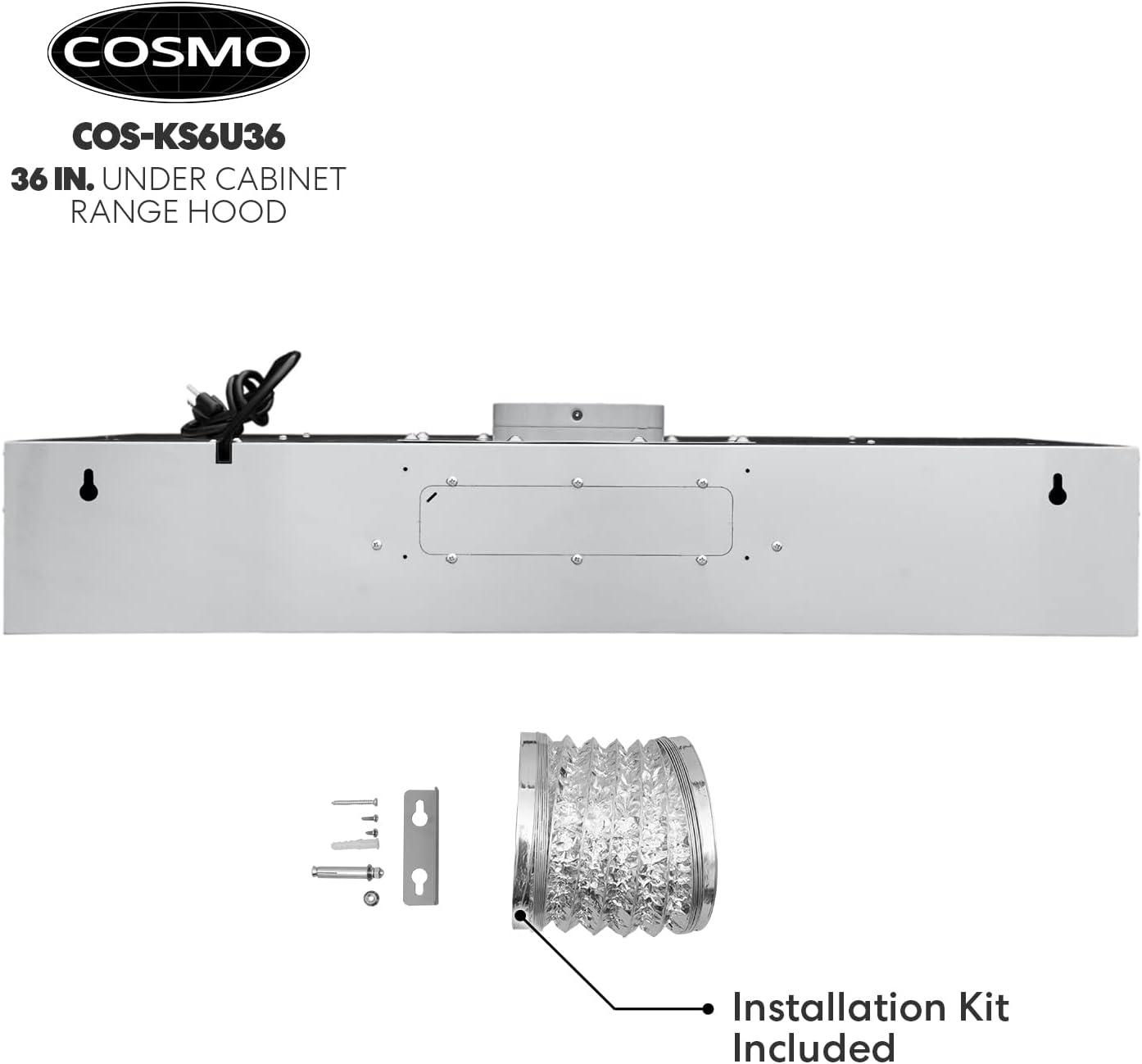 Cosmo 36" Stainless Steel 500 CFM Ducted (Vented) Under Cabinet Range Hood with Baffle Filter