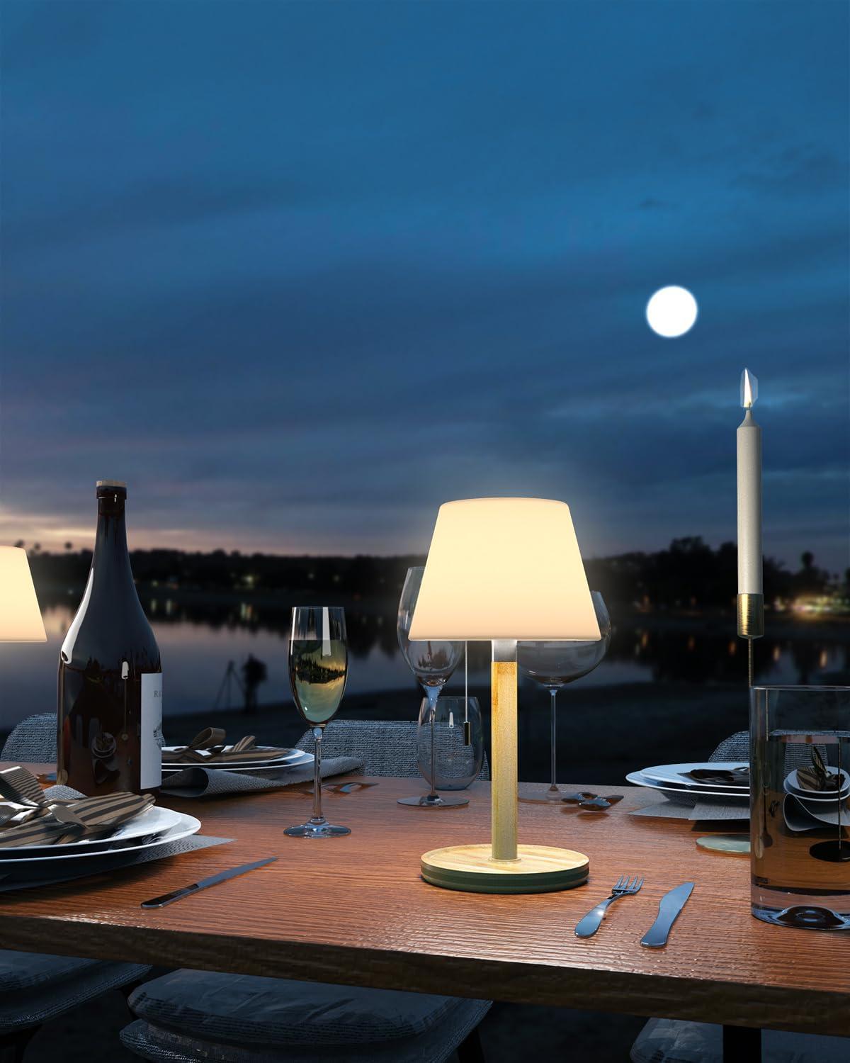 Outdoor Waterproof Table Lamp for Patio, Small Cordless Battery-Operated Lamp, Rechargeable Shower Light, 3 Lighting Modes Desk Light with Pull Chain Garden Outside Camping Restaurant, Wood Grain