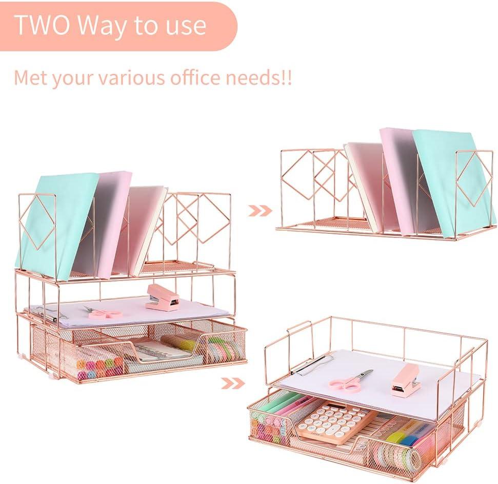 Desk Organizers and Desk Accessories - Rose Gold Desk Organizer with File Sorters, File Organizer with Drawer, Desk Accessories & Workspace Organizers for School Office Supplies