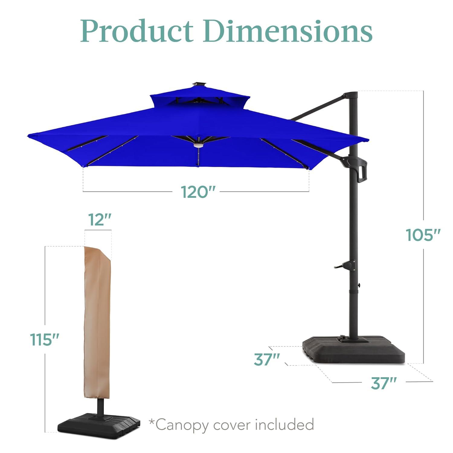 Best Choice Products 10x10ft 2-Tier Square Outdoor Solar LED Cantilever Patio Umbrella w/ Base Included - Resort Blue