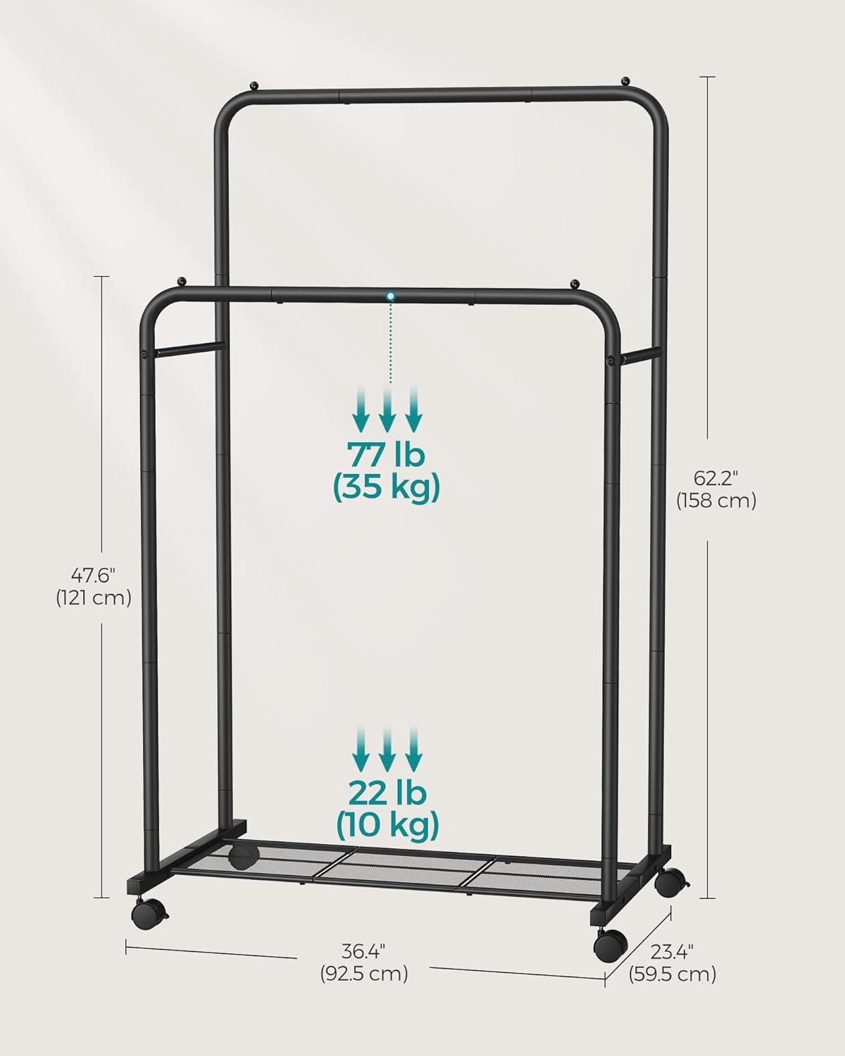 Black Steel Double Rod Portable Clothes Rack with Mesh Shelf