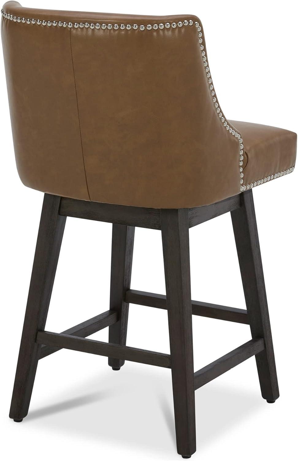 Saddle Brown Faux Leather Swivel Counter Stools with Wood Legs, Set of 2