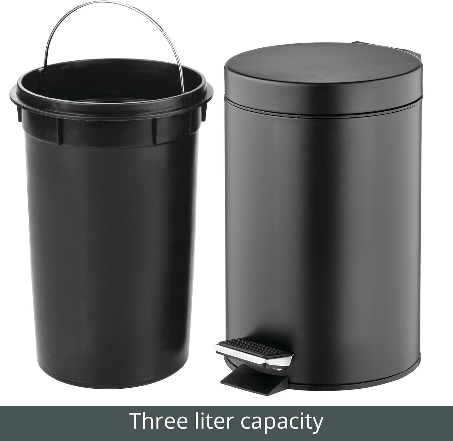 mDesign  3-Liter Round Metal Step Trash Can, Liner/Handle - Black