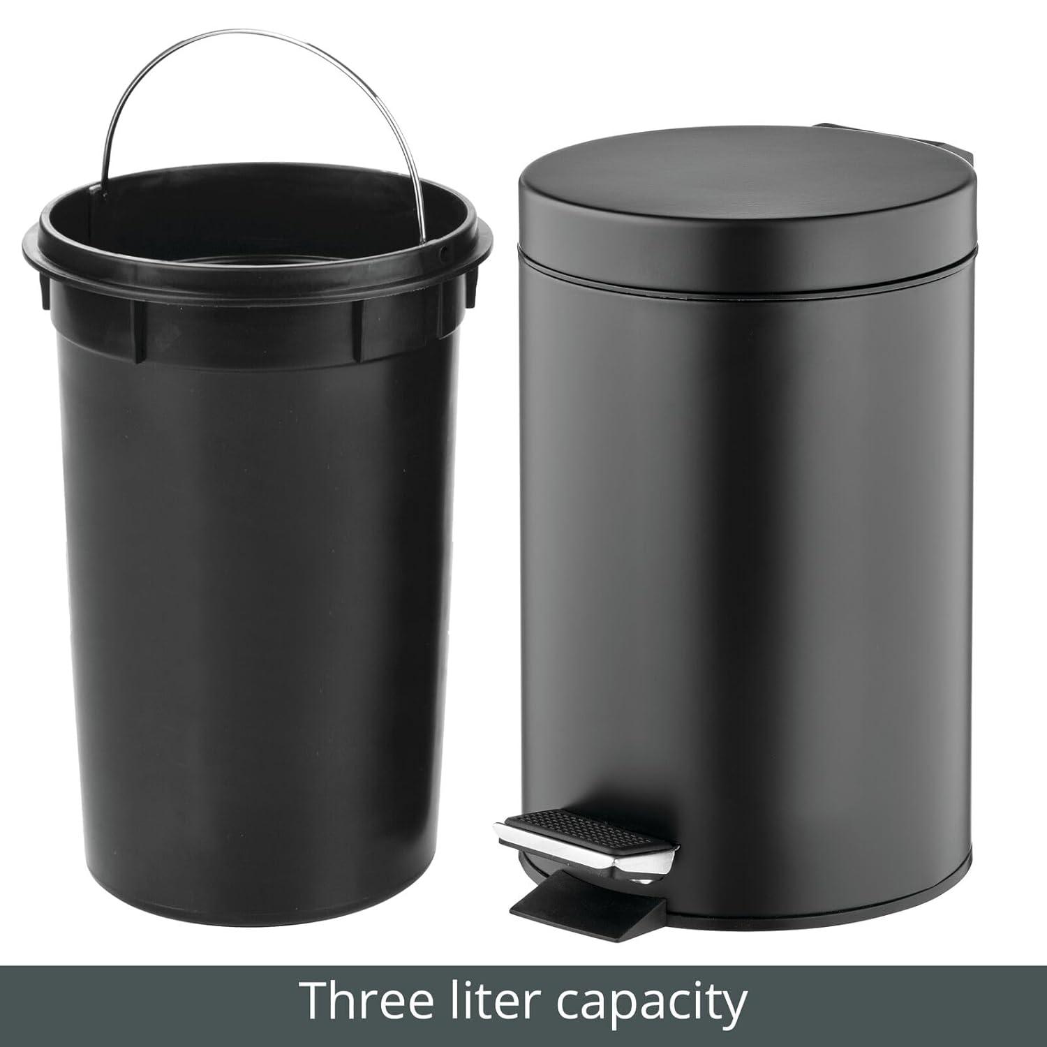 mDesign  3-Liter Round Metal Step Trash Can, Liner/Handle - Black