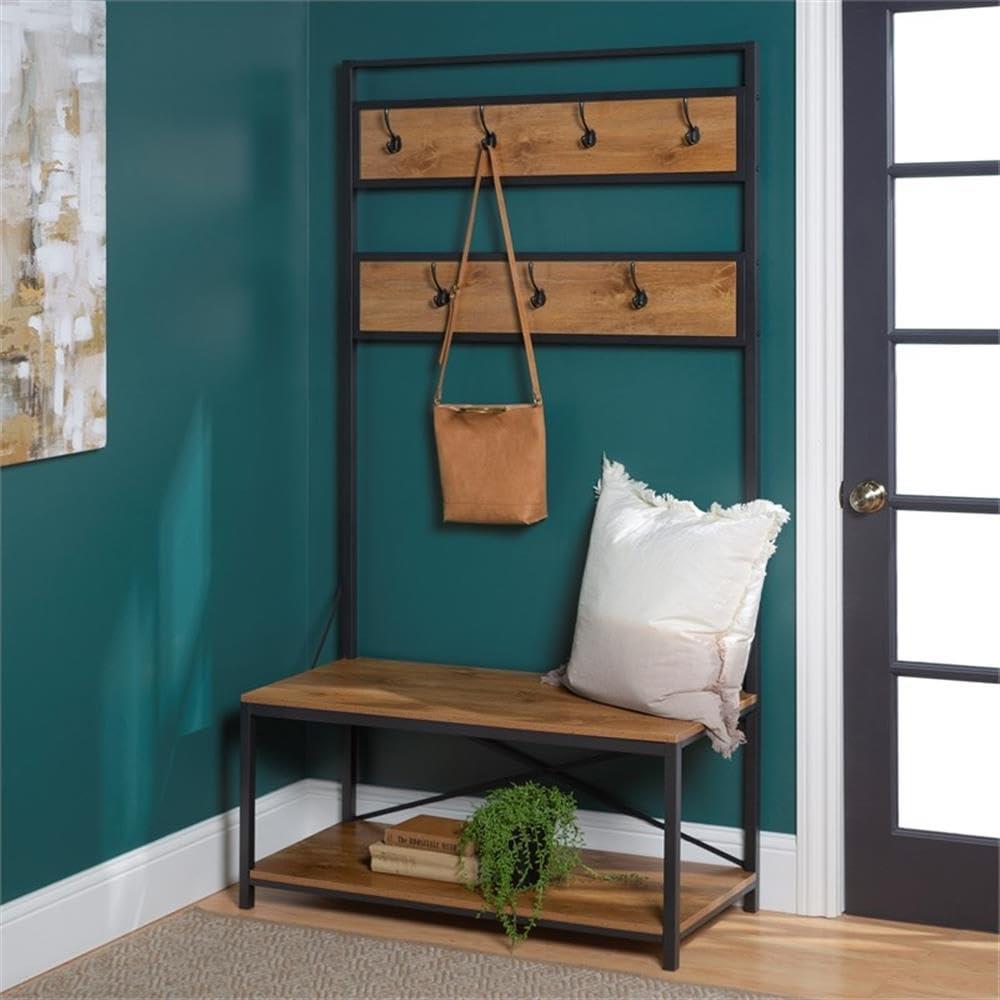 Walker Edison Industrial Hall Tree with Bench and Coat Hooks, Barnwood