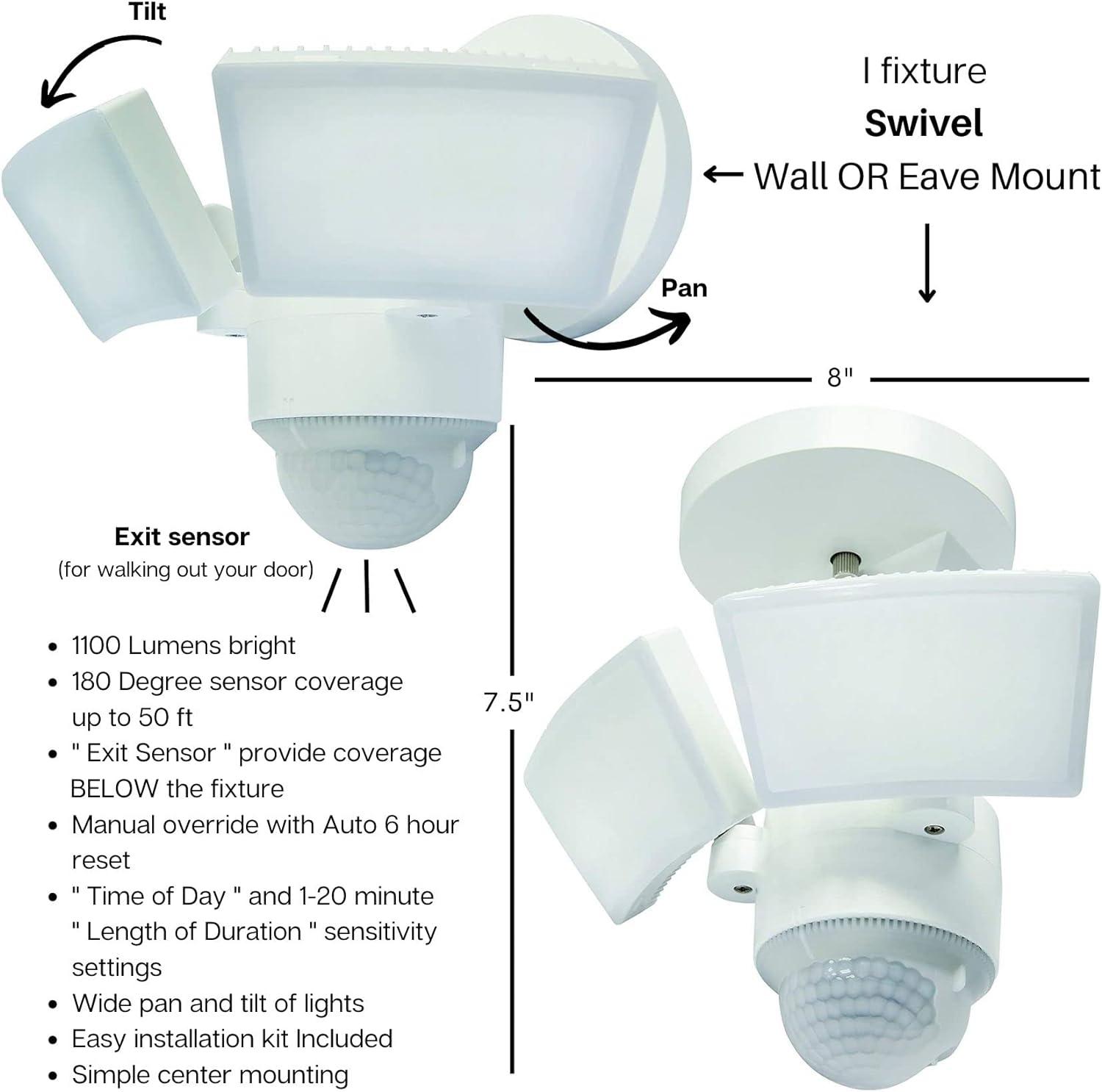 IQ America LM1811 Motion Security Flood Light Eave/Soffit or Wall Universal Mount 1100 Lumen LED Outdoor Weatherproof Motion Sensor, 180° 50' Detection, Yard Barn Shed Attic Workshop Garage Light WH