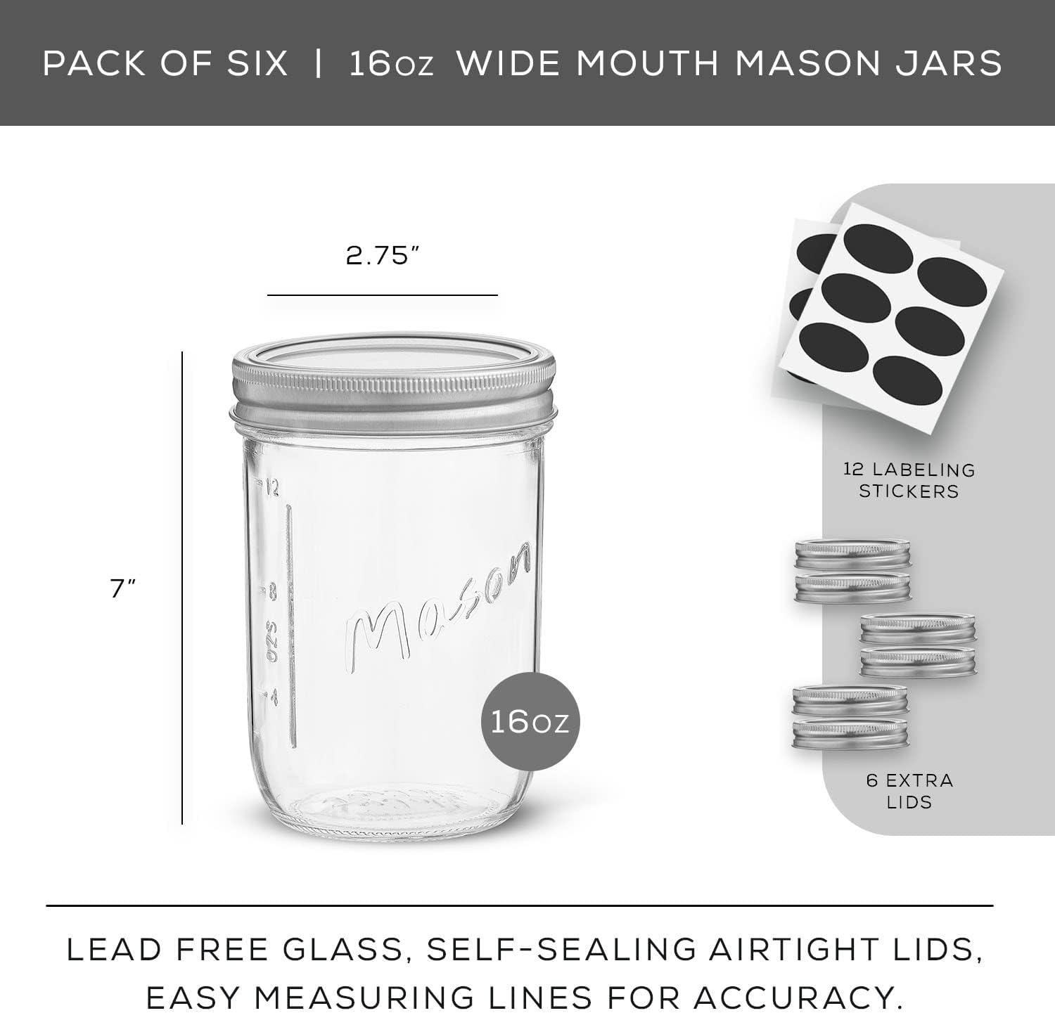JoyJolt Wide Mason Jars with Airtight Lids, Labels and Measures - 16 oz - Set of 6
