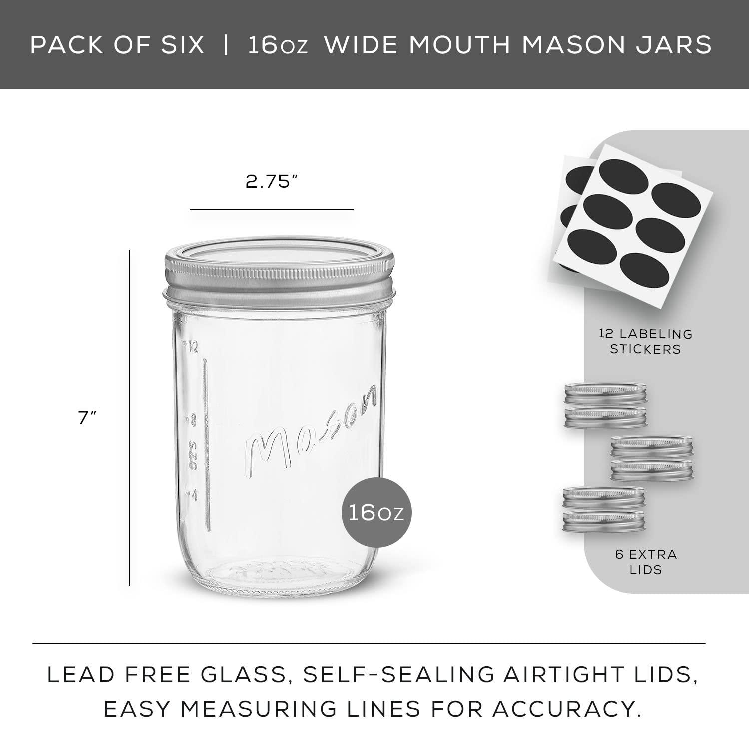 JoyJolt Wide Mason Jars with Airtight Lids, Labels and Measures - 16 oz - Set of 6