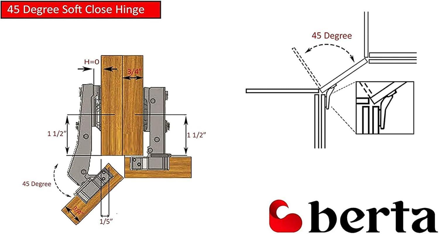 Berta 2-Pack Frameless Soft-Close Cabinet Hinges, 3D Adjustable Clip-On with Mounting Screws for 45° Corner Applications – Durable & Easy to Install