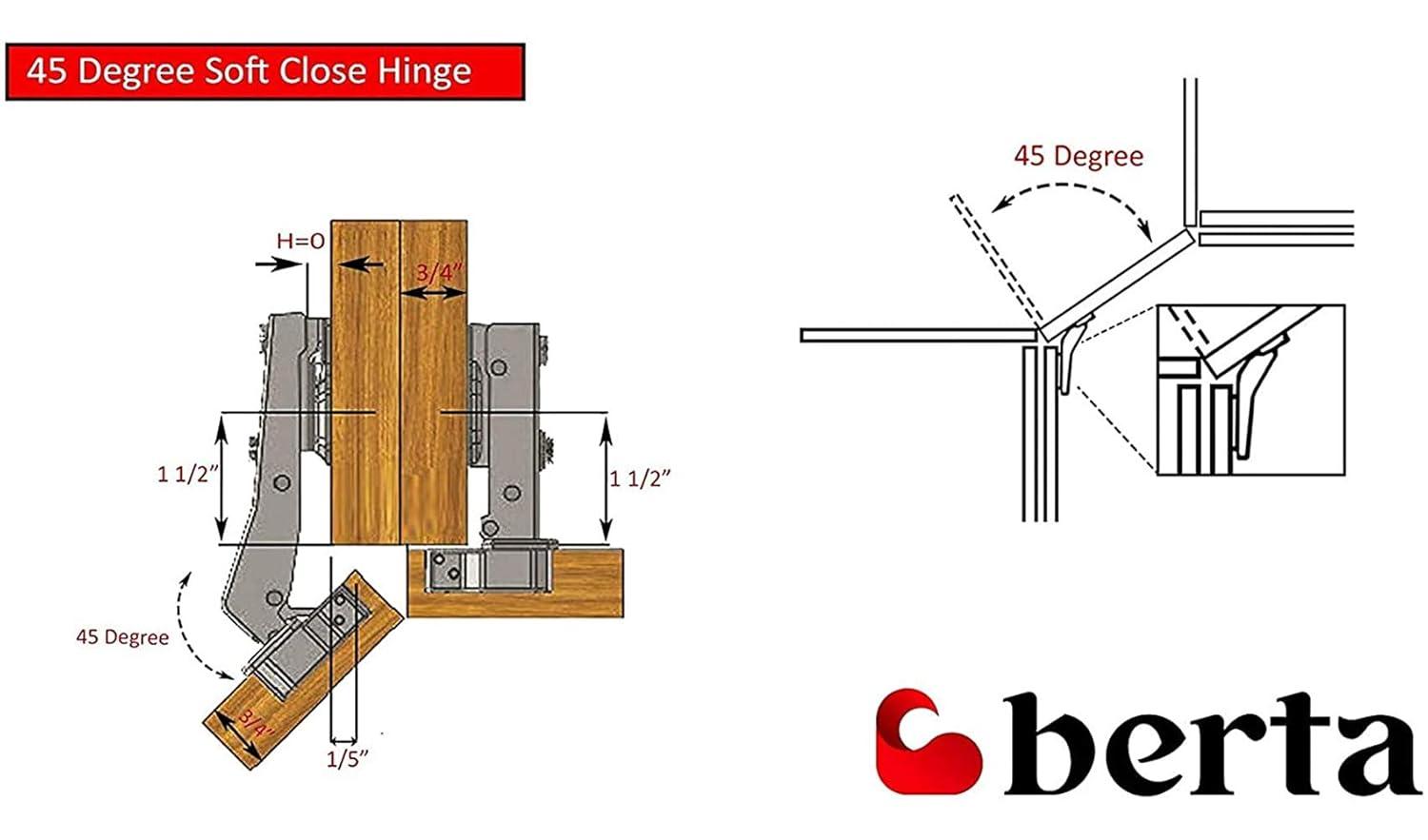 Berta 2-Pack Frameless Soft-Close Cabinet Hinges, 3D Adjustable Clip-On with Mounting Screws for 45° Corner Applications – Durable & Easy to Install
