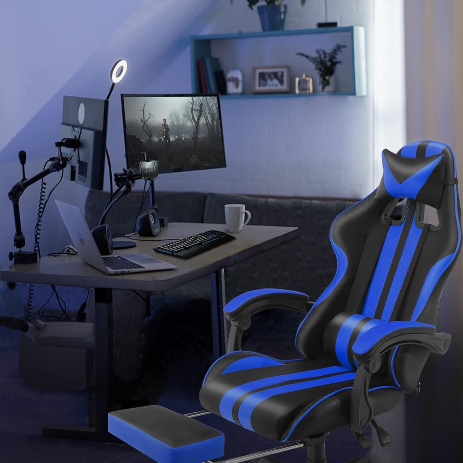 Ferghana Blue and Black Gaming Chair with Footrest and Massage Lumbar Pillow