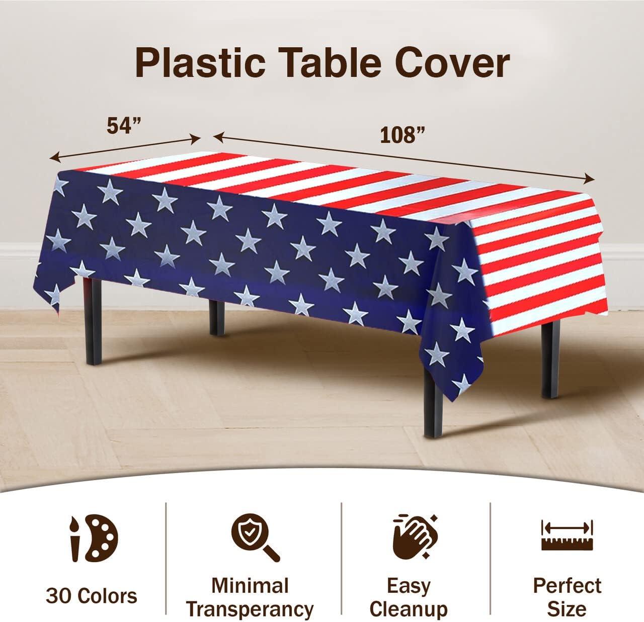 Crown Display 54 Inch. X 108 Inch. Patriotic Printed Plastic Table Cover- Stars & Strips-12 Pack