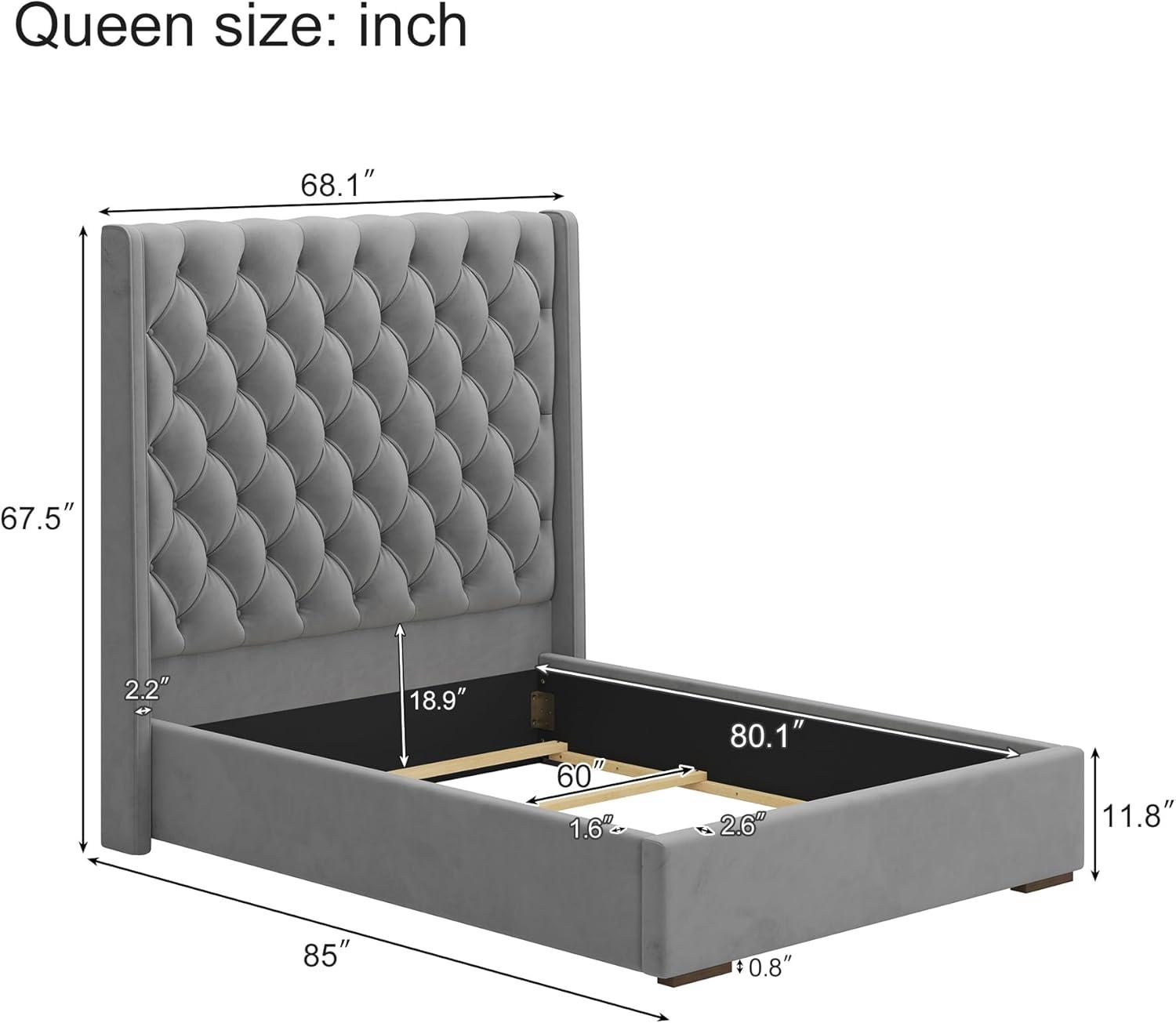 67.5" Tall Headboard Upholstered King Size Bed with Vertical Striped and Wingback Design, Box Spring Needed, Linen