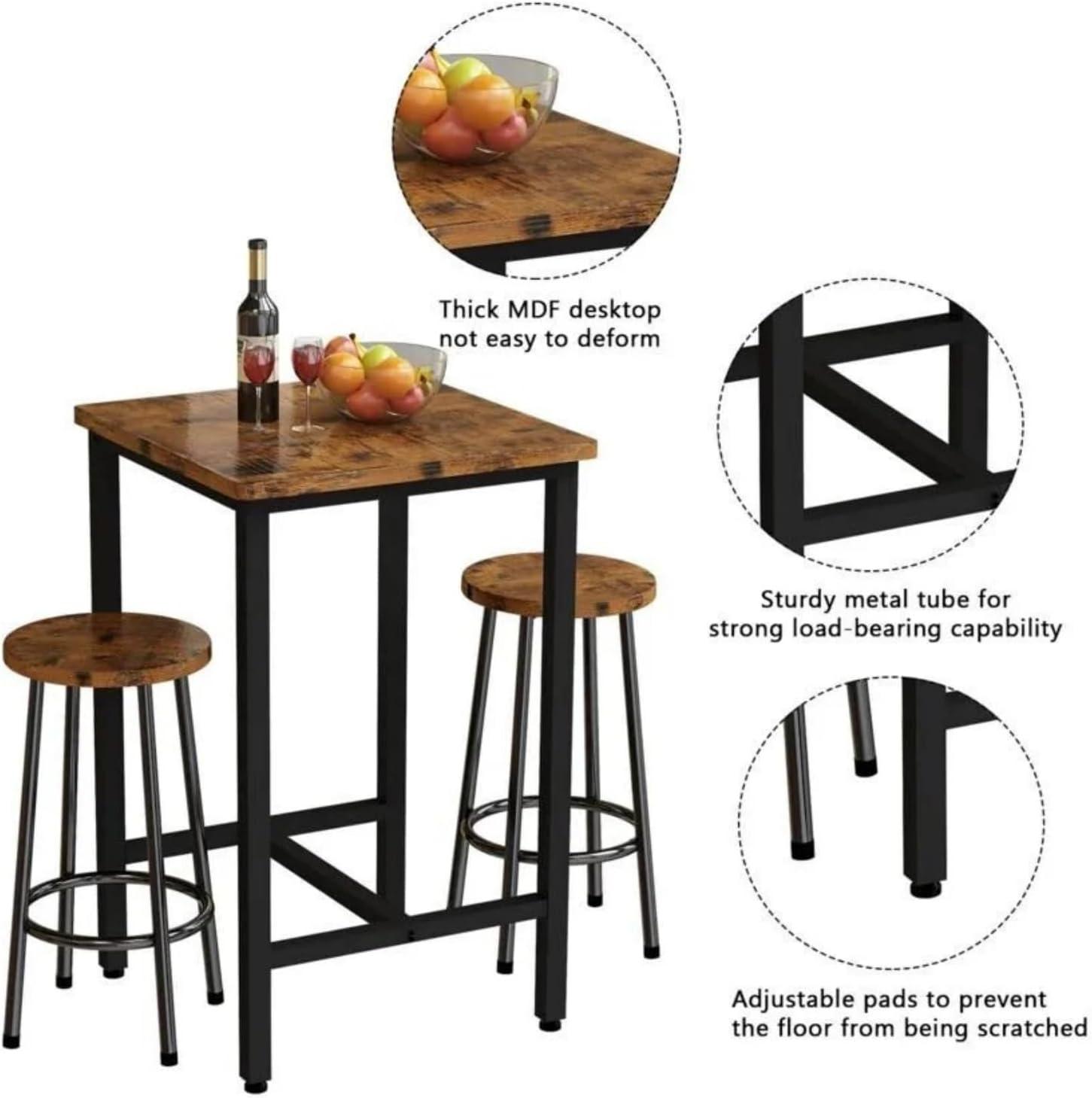 3 Piece Pub Dining Set, Modern bar Table and Stools for 2 Kitchen Counter Height Wood Top Bistro Easy Assemble for Breakfast Nook Living Room Small Space Restaurant, Rustic Brown 24”