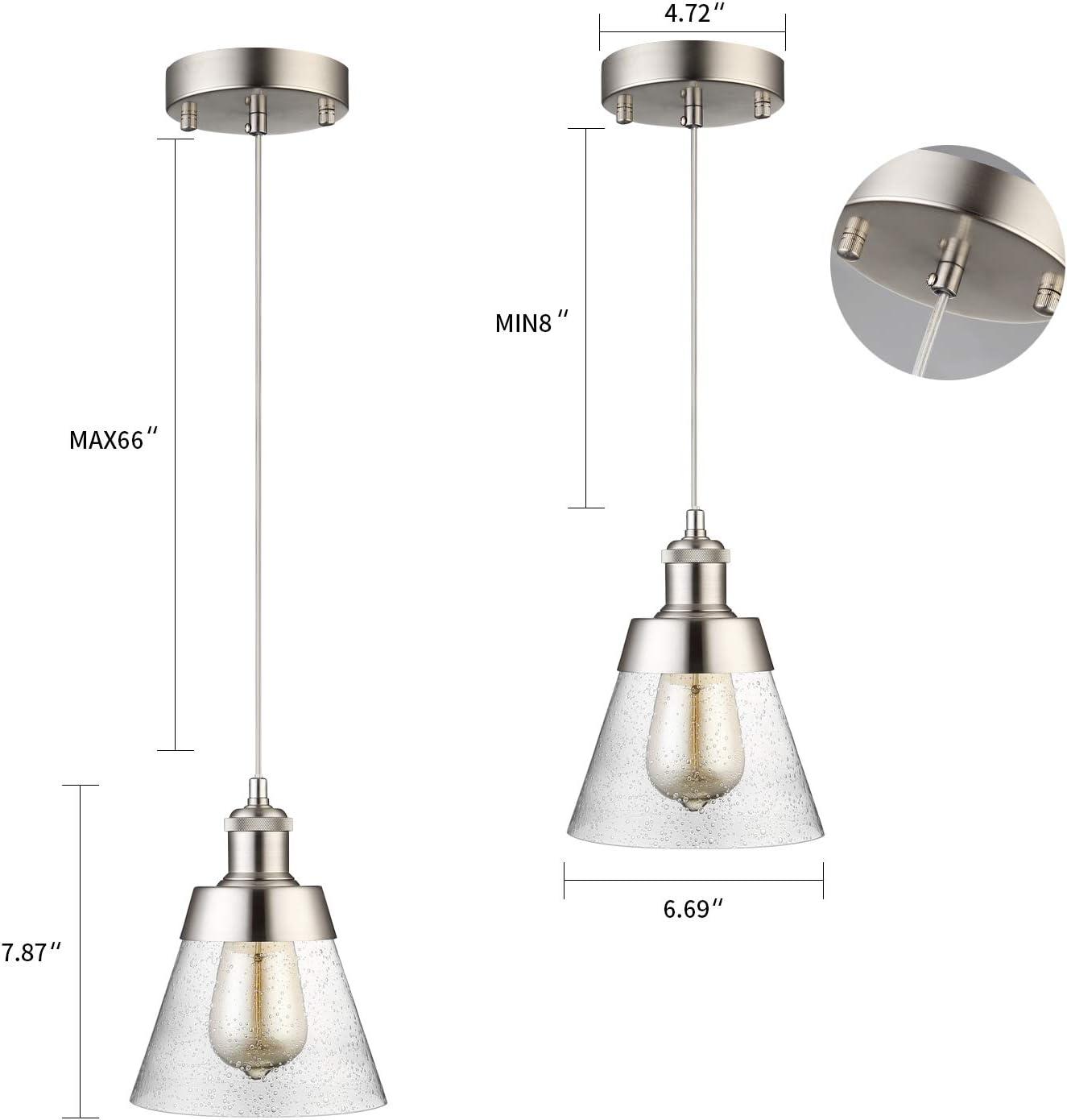 Modern Glass Pendant Light with Handblown Clear Seeded Glass Shade, One-Light Adjustable Industrial Mini Pendant Lighting Fixture for Kitchen Island Cafe Bar, Brushed Nickel