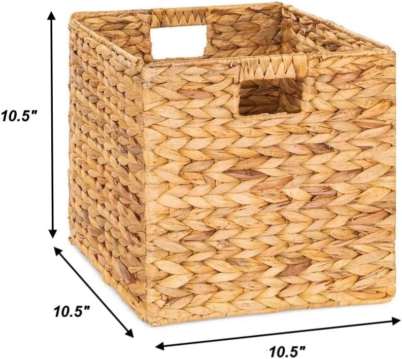 10.5" x 10.5" Water Hyacinth Storage Baskets, Natural - Set of 4 Collapsible Cube Organizers, Woven Bins for Bathroom, Bedroom, Laundry, Pantry, Shelves