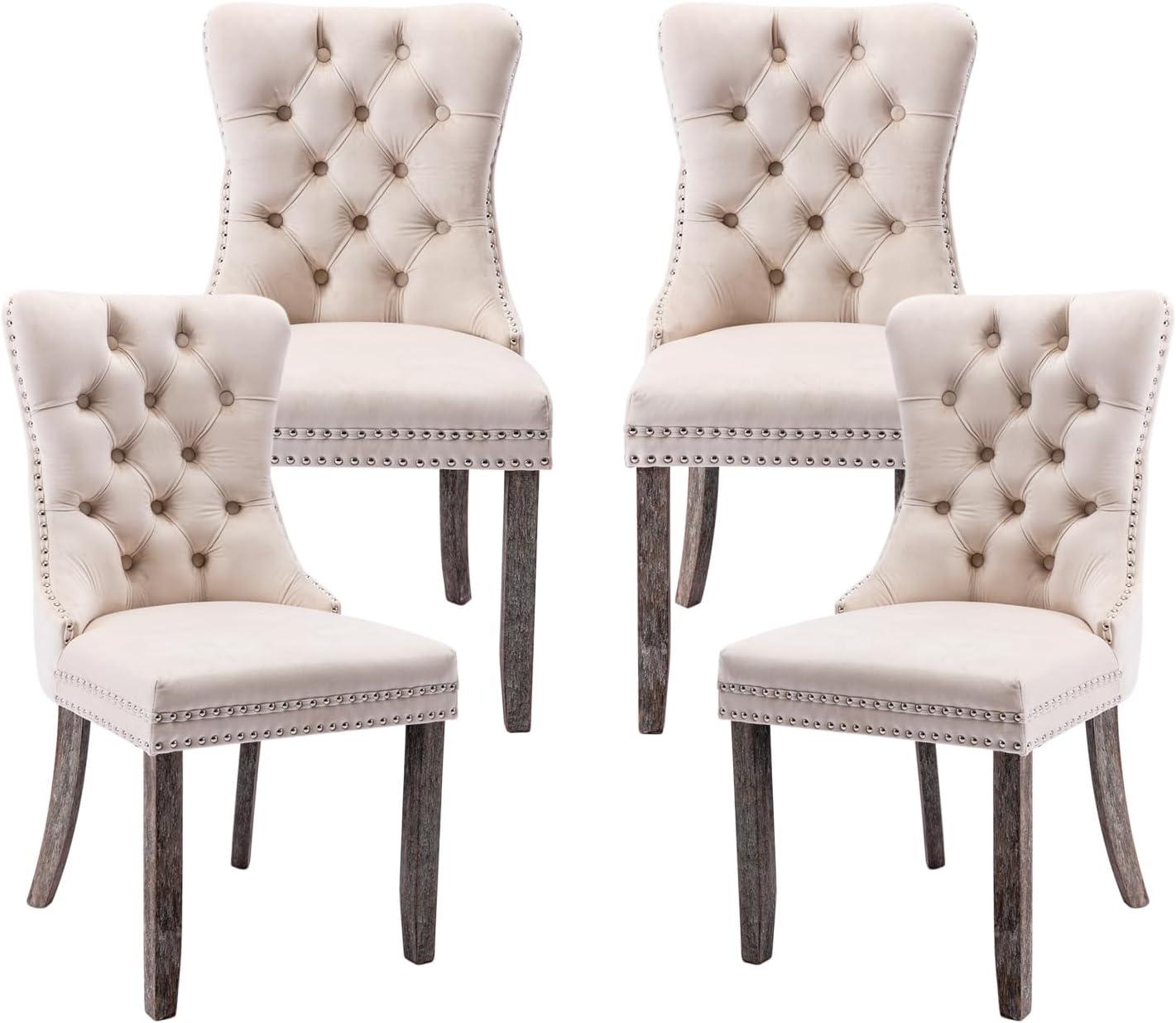 Tzicr Tufted Dining Chairs Set of 4, Upholstered Dining Chairs with Nailhead Back, Nailhead Trim, Velvet Dining Chairs for Kitchen/Bedroom/Dining Room(Beige)