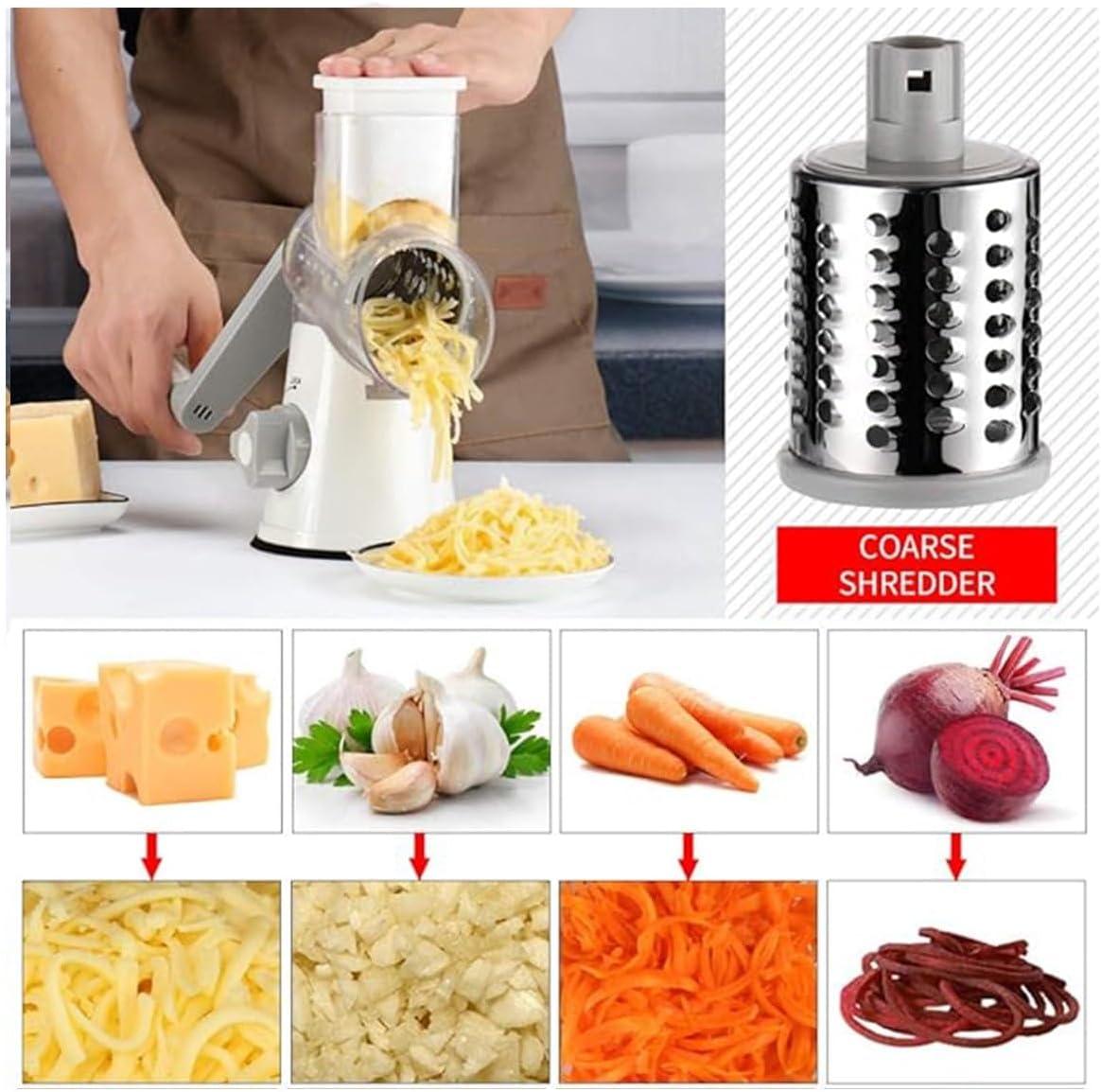 Rotary Cheese Grater Cheese Shredder - Kitchen Manual Cheese Grater with Handle Vegetable Slicer Nuts Grinder 3 Replaceable Drum Blades and Strong Suction Base Free Cleaning Brush