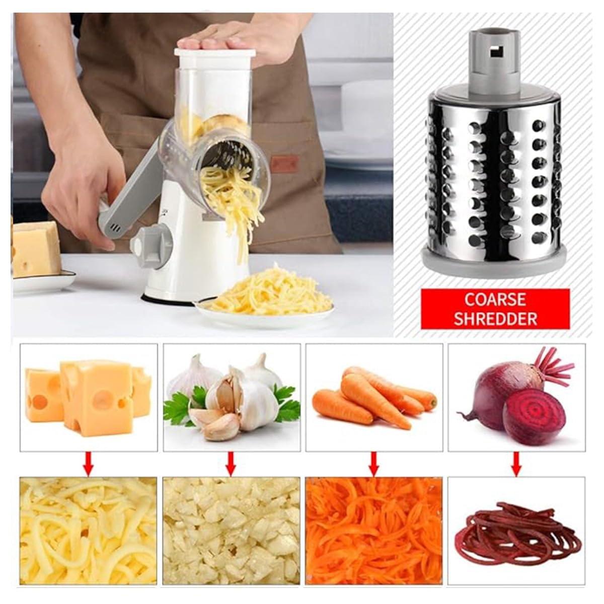 Rotary Cheese Grater Cheese Shredder - Kitchen Manual Cheese Grater with Handle Vegetable Slicer Nuts Grinder 3 Replaceable Drum Blades and Strong Suction Base Free Cleaning Brush