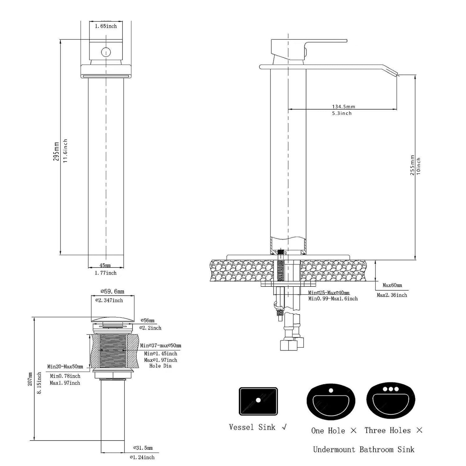 Matte Black Vessel Sink Faucet for Sink 1 Hole Single Handle Deck Mount Bathroom Sink Faucet Bowl Sink Mixer Tap with Pop Up Drain Combo Vanity RV Bar Sink Faucet