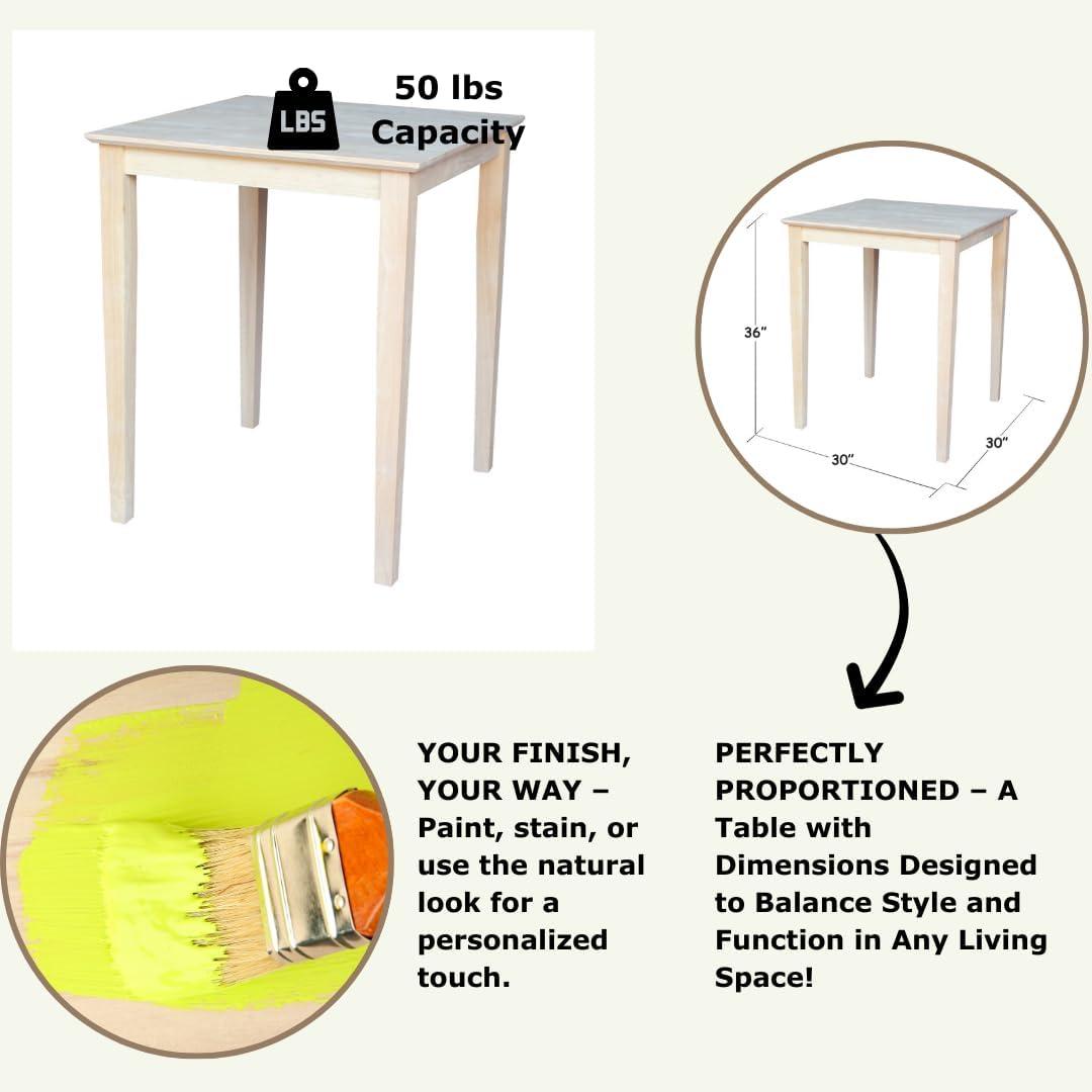 30" Square Solid Wood Counter Height Table with Shaker Legs Unfinished - International Concepts
