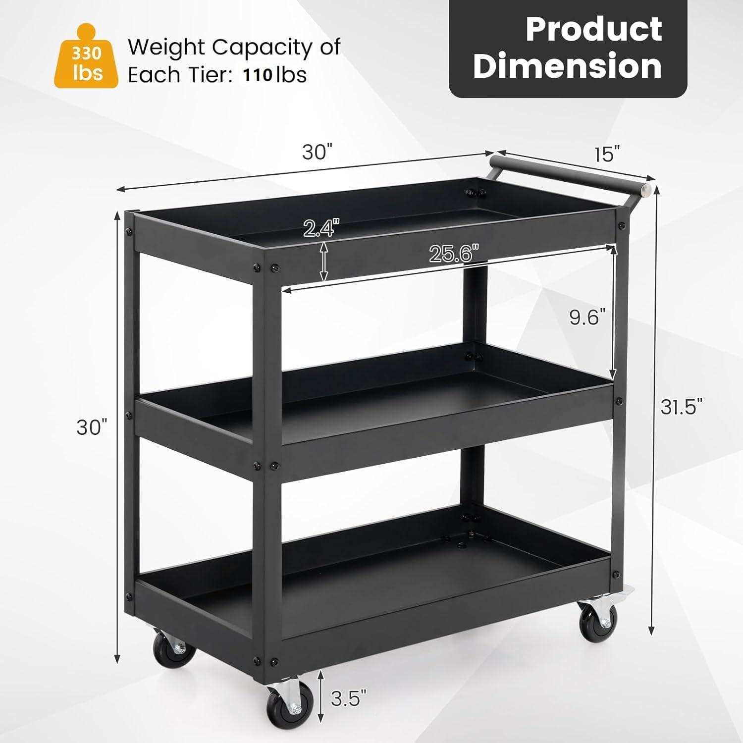 3-Tier Utility Cart, Heavy Duty Commercial Service Tool Cart w/Lockable Wheels, 330lbs Load Capacity, Ergonomic Handle, Rolling Mechanic Tool Cart Storage Organizer for Warehouse Garage Black