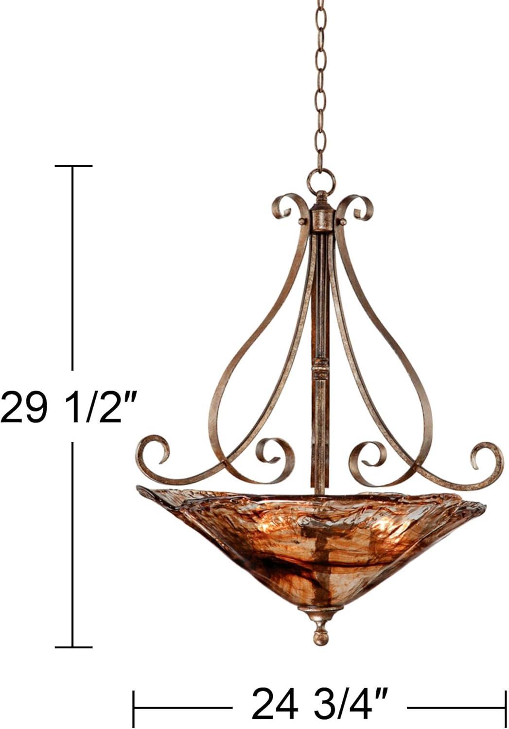 Franklin Iron Works Amber Scroll Golden Bronze Pendant Chandelier 24 3/4" Wide Rustic Art Glass Bowl 3-Light Fixture for Dining Room Kitchen Island