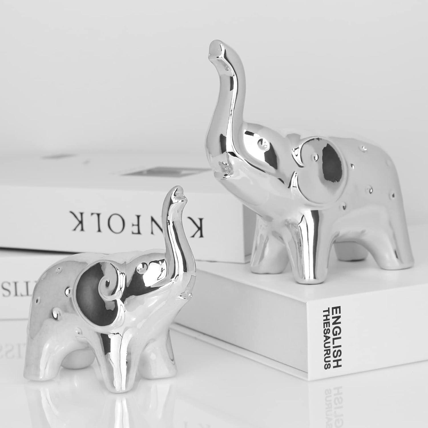 A Pair Elephant Statue Home Decor,Modern Style Figurines,Sculpture for ​Office Desktop Bookshelf Living Room (Ceramics Silver)
