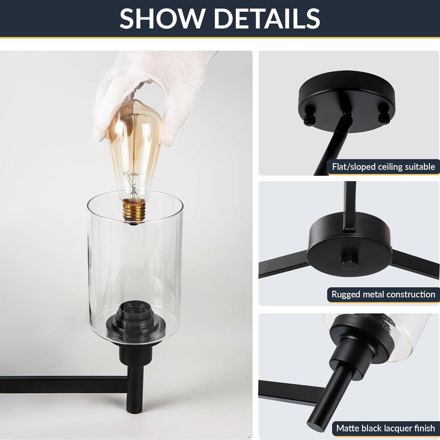 Black Chandelier for Dinning Room Living Room Island Kitchen Chandelier Light Fixtures Over Table, 3 Light Farmhouse Chandelier with Cylinder Clear Glass, Height Adjustable