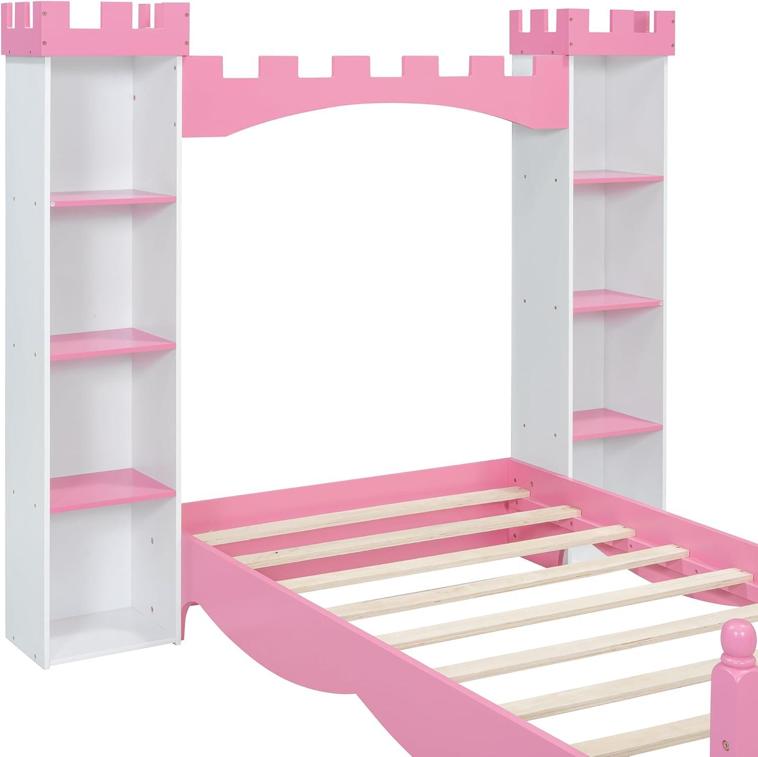 SOFTSEA Twin Size Platform Bed with Storage Shelves, Castle Shaped Bed for Kids, Twin Size Princess Bed for Girls, Kids Twin Bed Frame, No Box Spring Needed, White