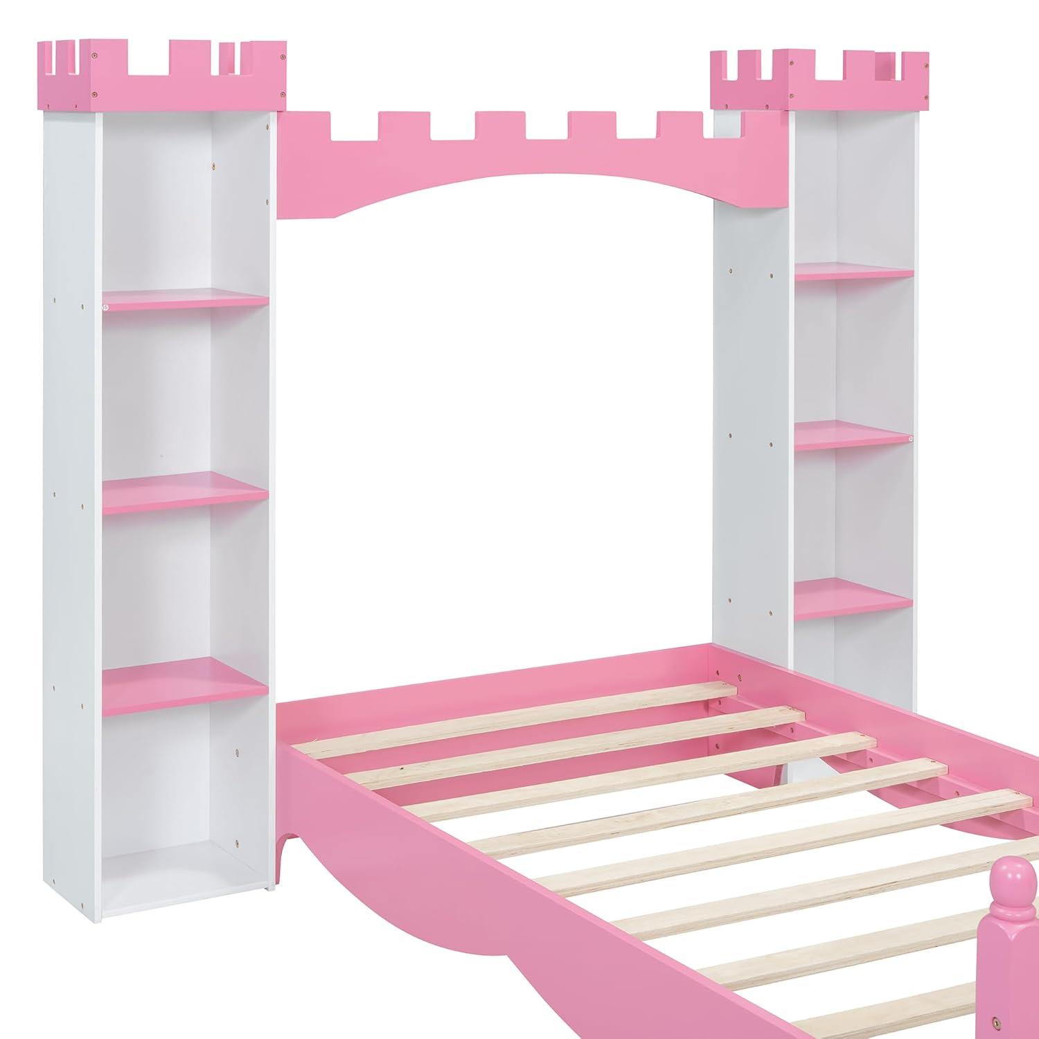 SOFTSEA Twin Size Platform Bed with Storage Shelves, Castle Shaped Bed for Kids, Twin Size Princess Bed for Girls, Kids Twin Bed Frame, No Box Spring Needed, White