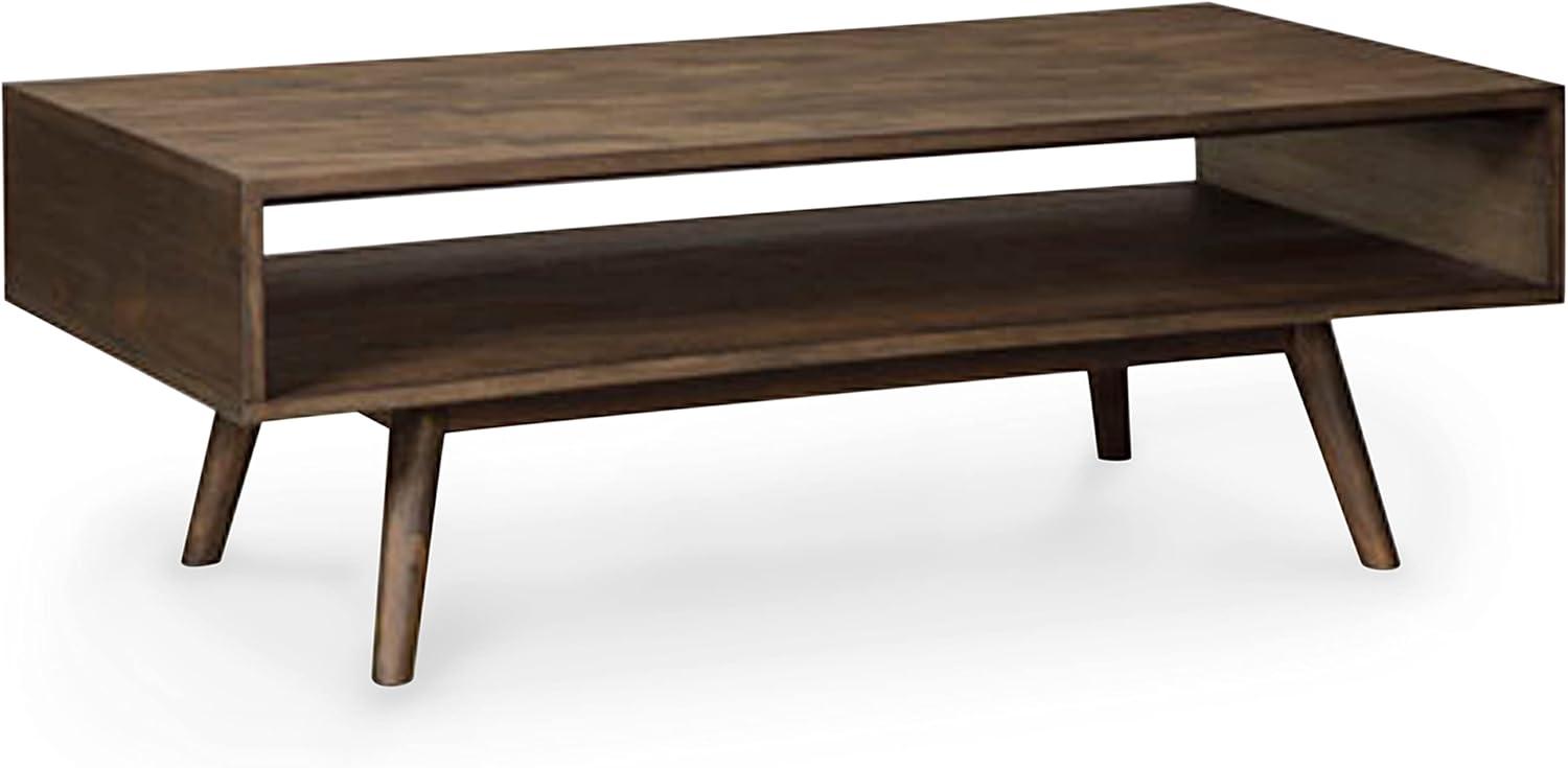 Mid-Century Modern Dark Brown Rectangular Wood Coffee Table with Open Shelving