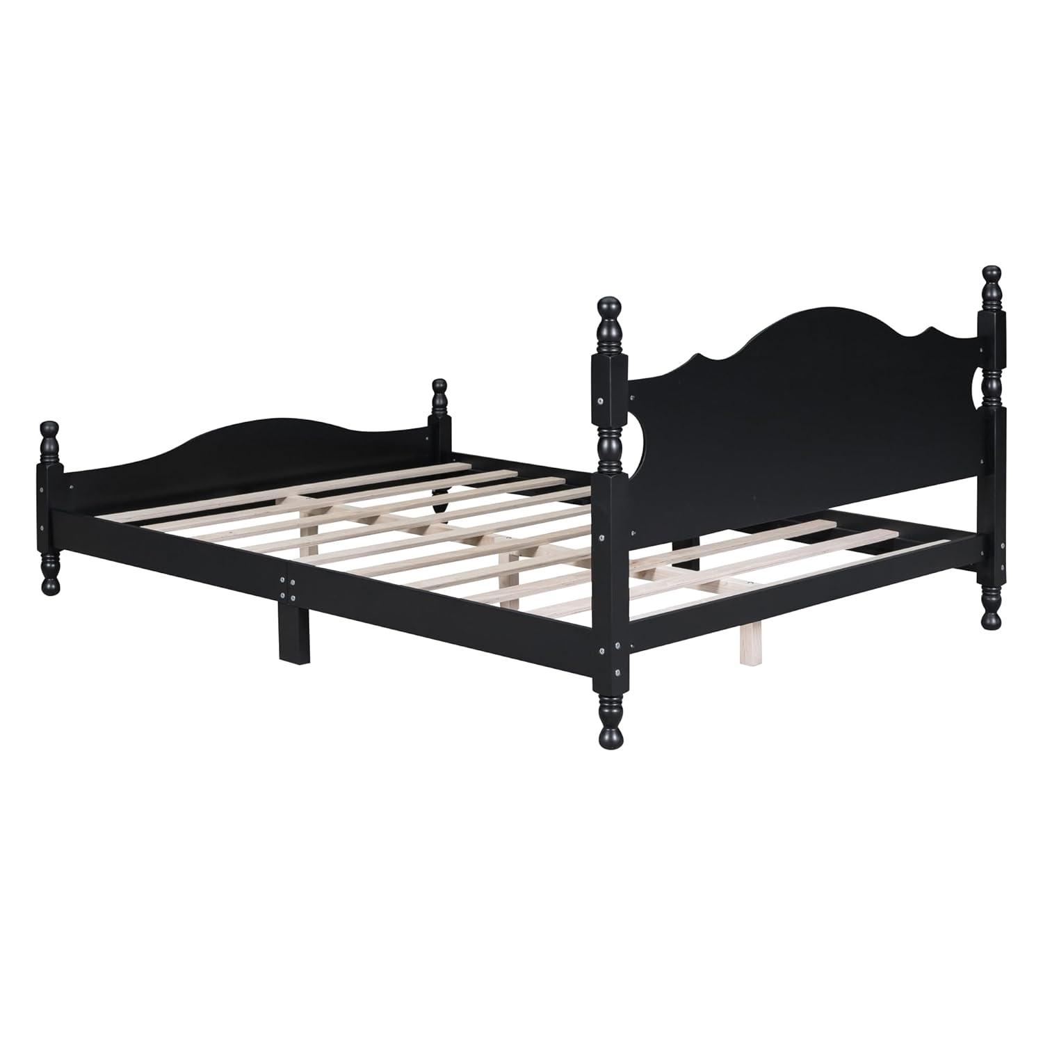 Queen Size Wood Platform Bed Frame for Boys Girls Kids Toddler,Retro Style Platform Bed with Wooden Slat Support,Black