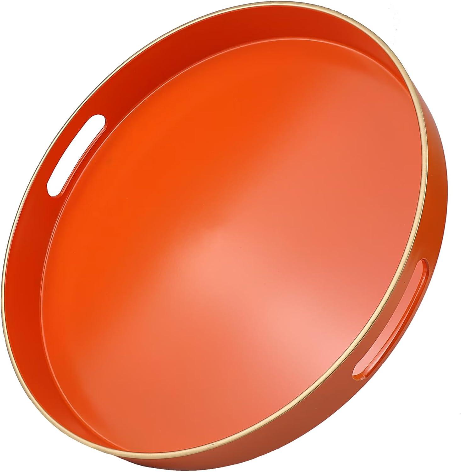MAONAME 13" Round Tray, Orange Serving Tray with Handles, Modern Decorative Trays for Coffee Table, Plastic Ottoman Trays for Ottoman, Bathroom, Halloween Decor