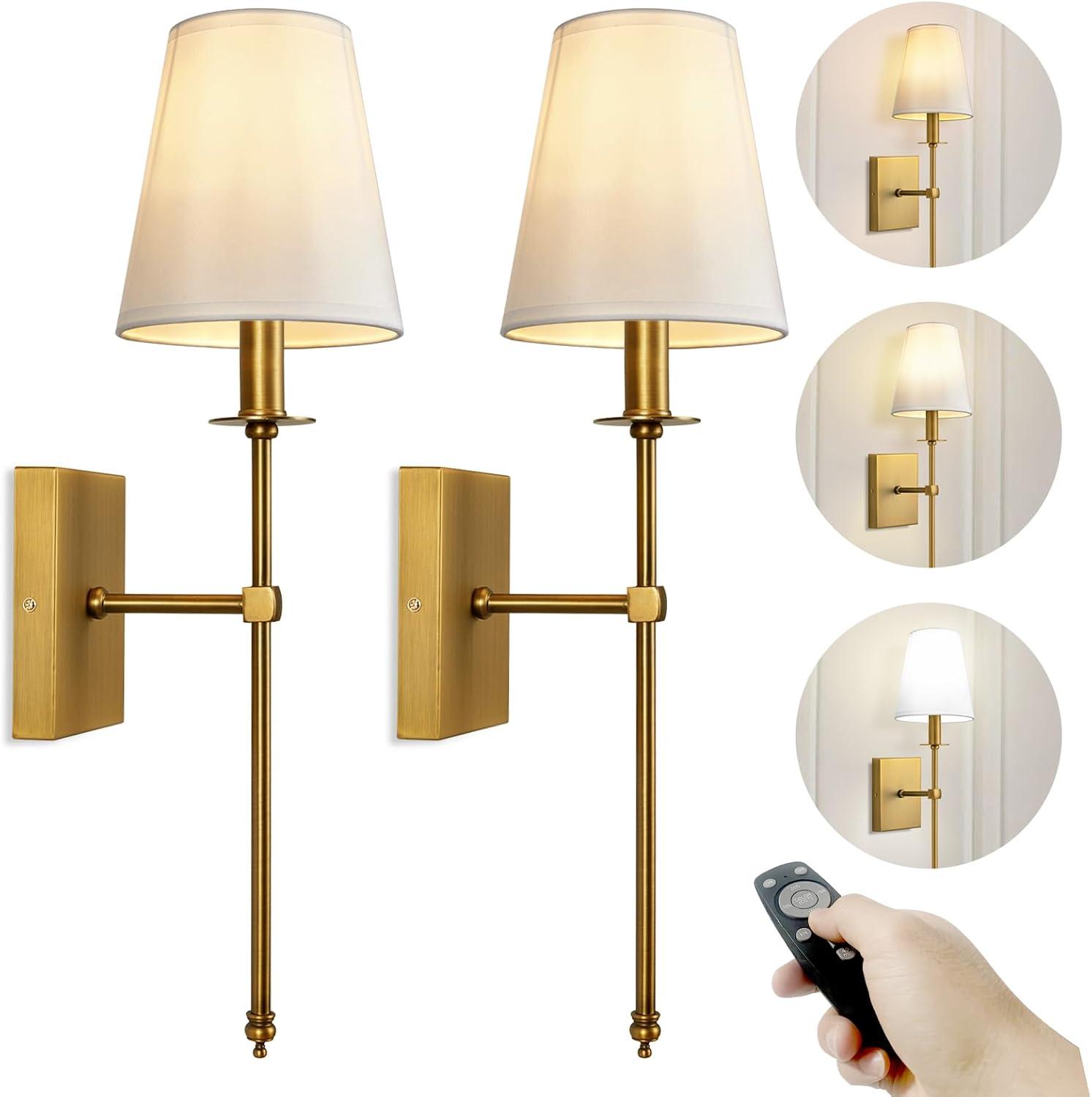 Set of 2 Gold and White Battery Operated Wall Sconces