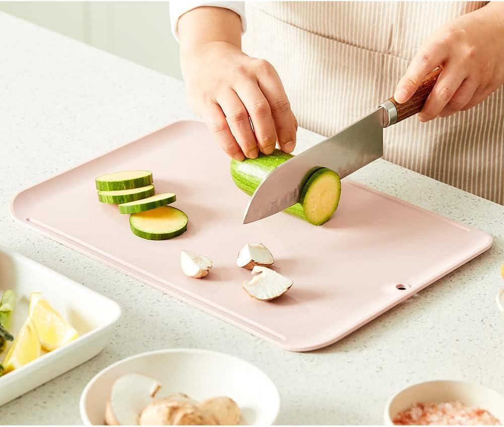 Premium Upgraded doblé Non-Scratch Flexible Cutting Board for Chopping, Scratch Free, Juice Grooves with Easy Grip Handle, Non-Slip Dishwasher Safe for Kitchen 9.3" x 13.7" (Baby Pink)
