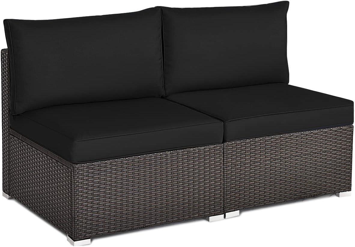 Canddidliike Patio Furniture Sets, 2 Pieces Patio Rattan Armless Sofa Set with 2 Cushions and 2 Pillows-Black, Wicker Sofa Small Patio Conversation Couch for Garden, Poolside