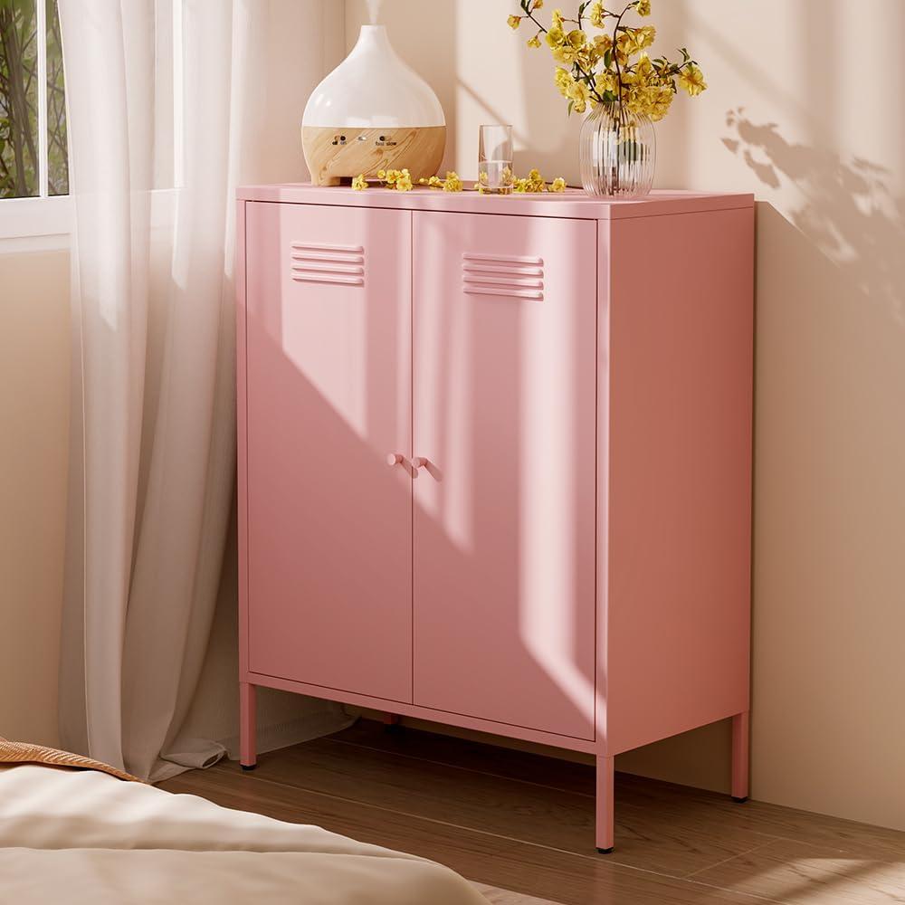 Pink Metal Freestanding Storage Cabinet with Adjustable Shelves