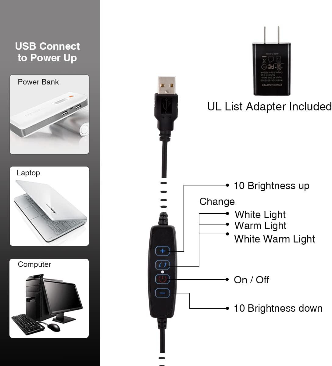 Clamp on Lamp, Clip Light, Desk Lamps with 3 Color Temperature Settings, 10 Brightness Levels, 2m USB Cord Power Supply and AC Adapter Included, Pack of 2 (Black)